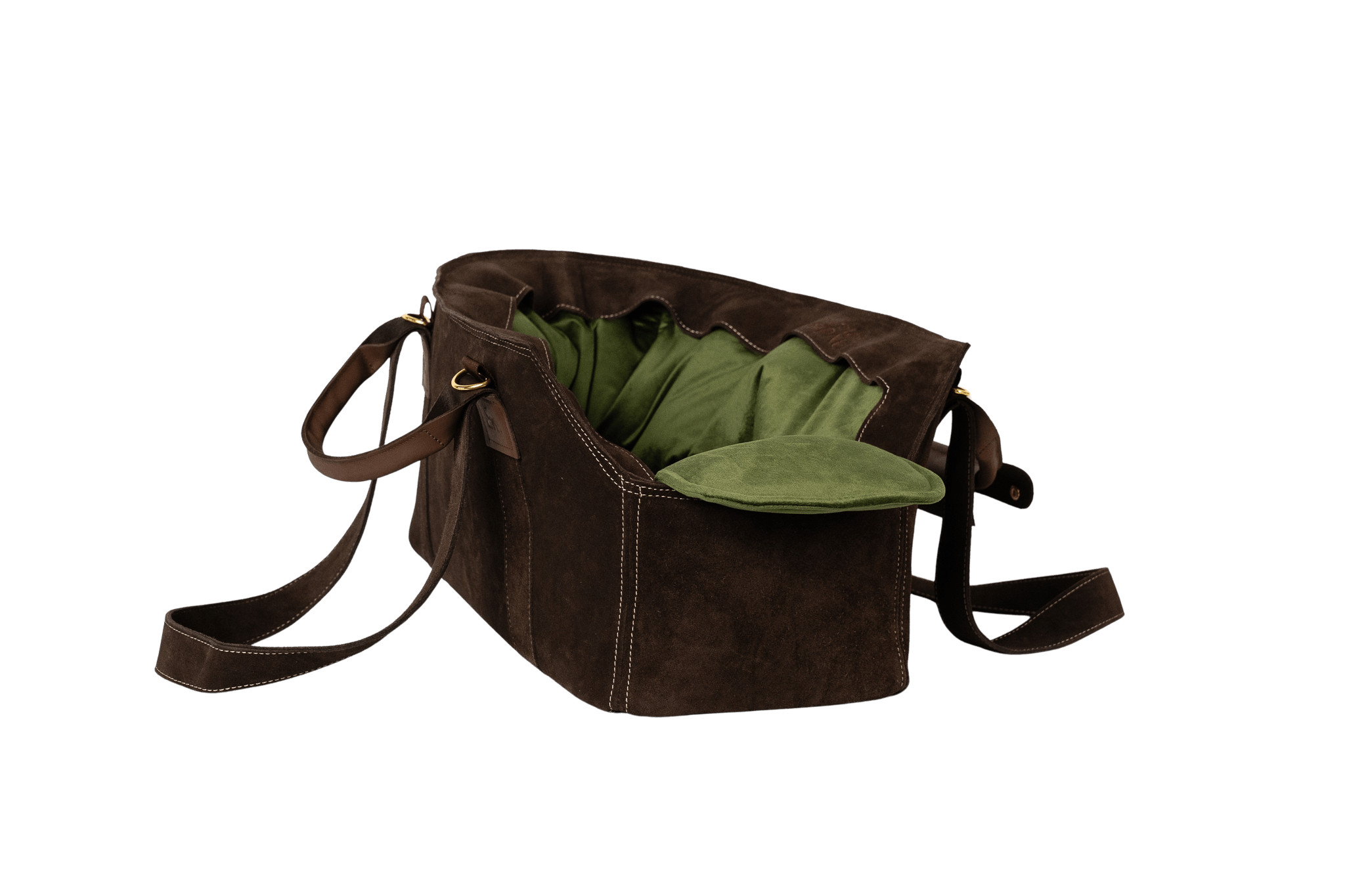 Gretas Luxus Wildleder-Hundetasche in Dunkelbraun mit olivgrünem Samt-Inlay, hochwertige Tragetasche für Hunde bis 9 kg, Premium-Design für kleine bis mittelgroße Hunde