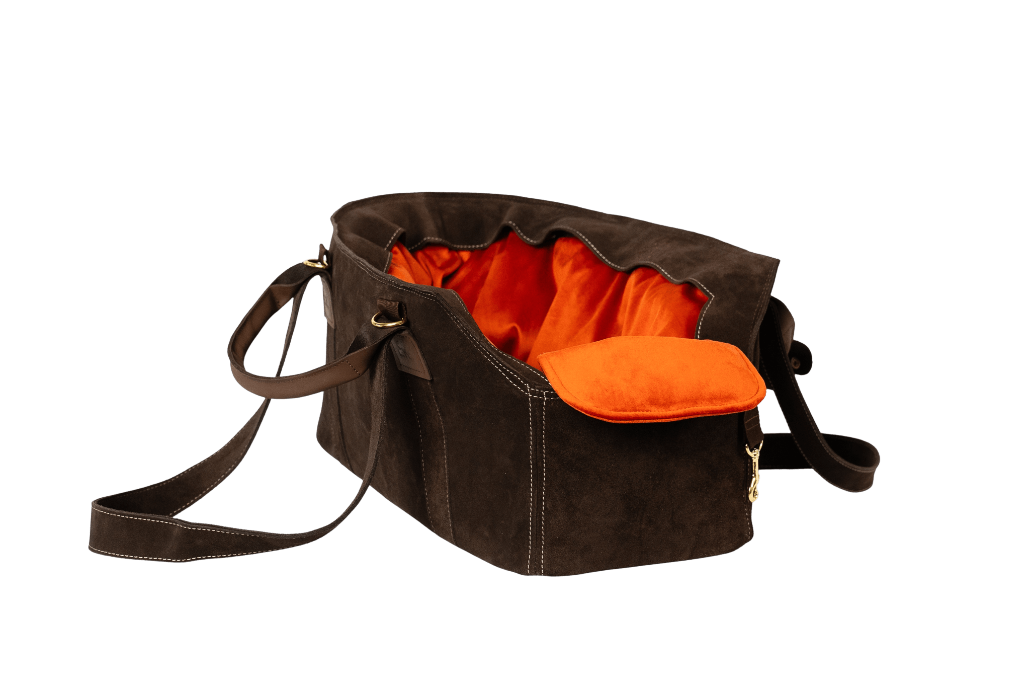 Gretas Luxus Wildleder-Hundetasche in Dunkelbraun mit orangefarbenem Samt-Inlay, hochwertige Tragetasche für Hunde bis 9 kg, Premium-Design für kleine bis mittelgroße Hunde