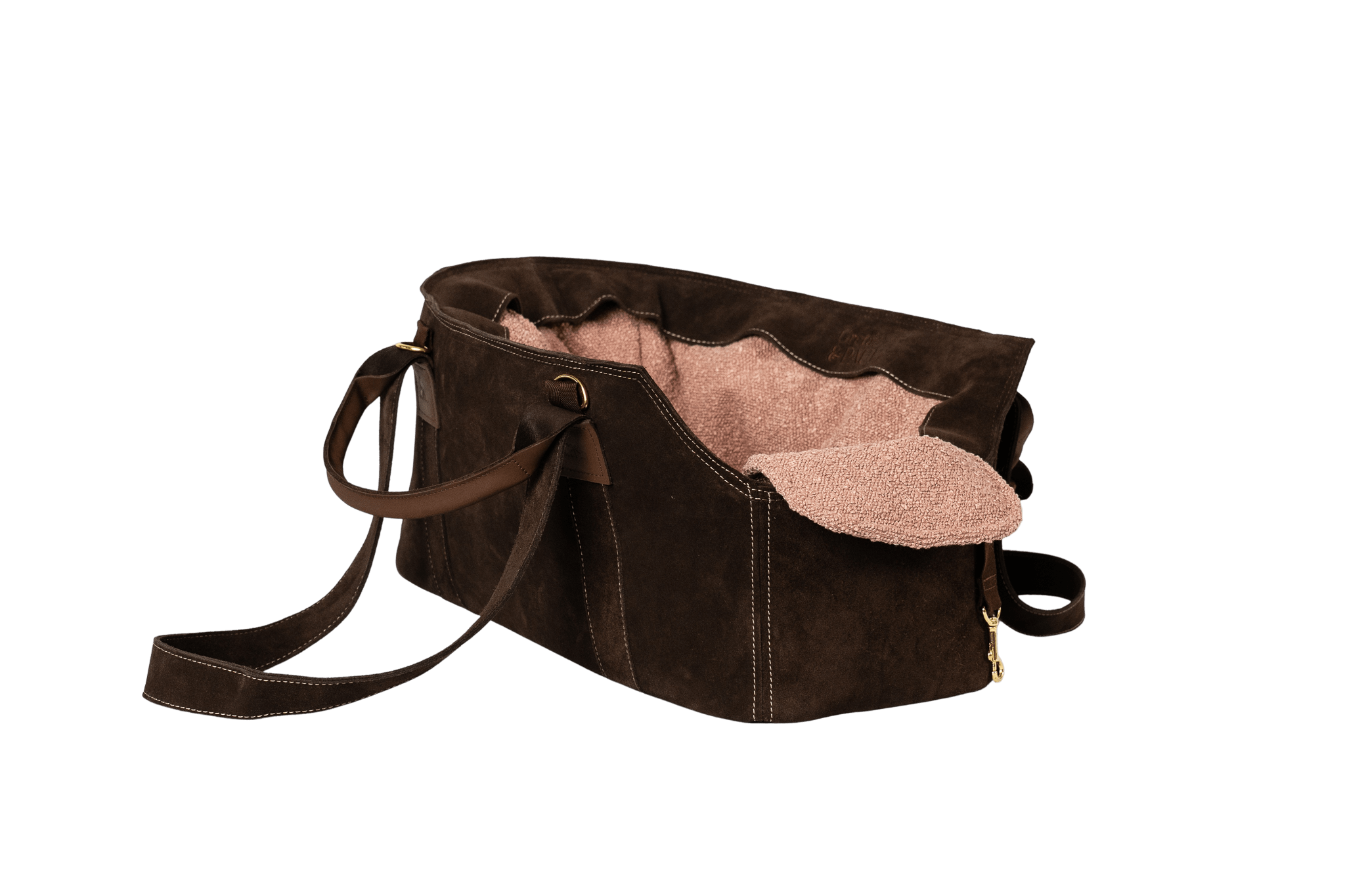 Gretas Luxus Wildleder-Hundetasche in Dunkelbraun mit rosafarbenem Boucle-Inlay, hochwertige Tragetasche für Hunde bis 9 kg, Premium-Design für kleine bis mittelgroße Hunde