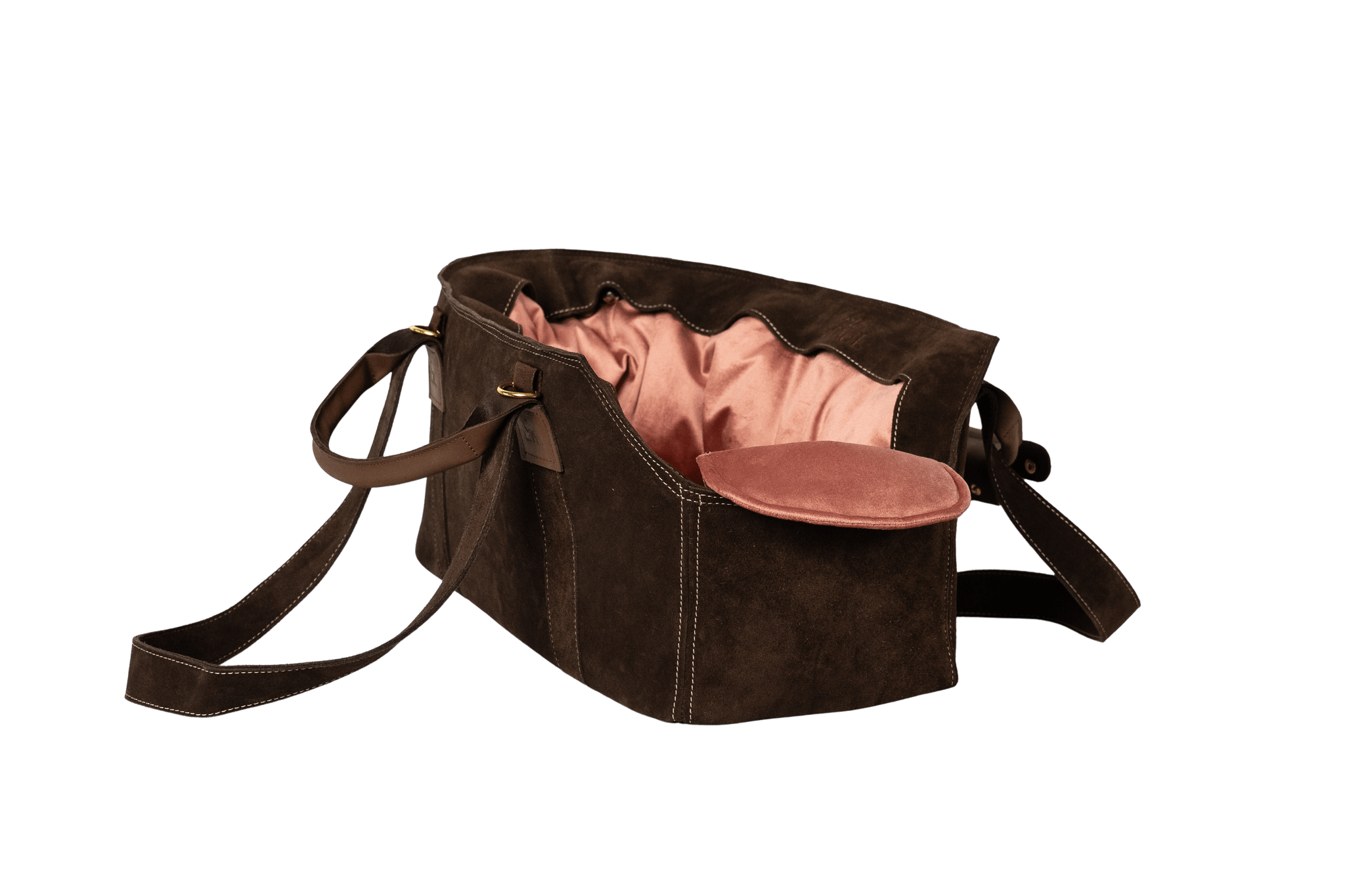 Gretas Luxus Wildleder-Hundetasche in Dunkelbraun mit rosafarbenem Samt-Inlay, hochwertige Tragetasche für Hunde bis 9 kg, Premium-Design für kleine bis mittelgroße Hunde