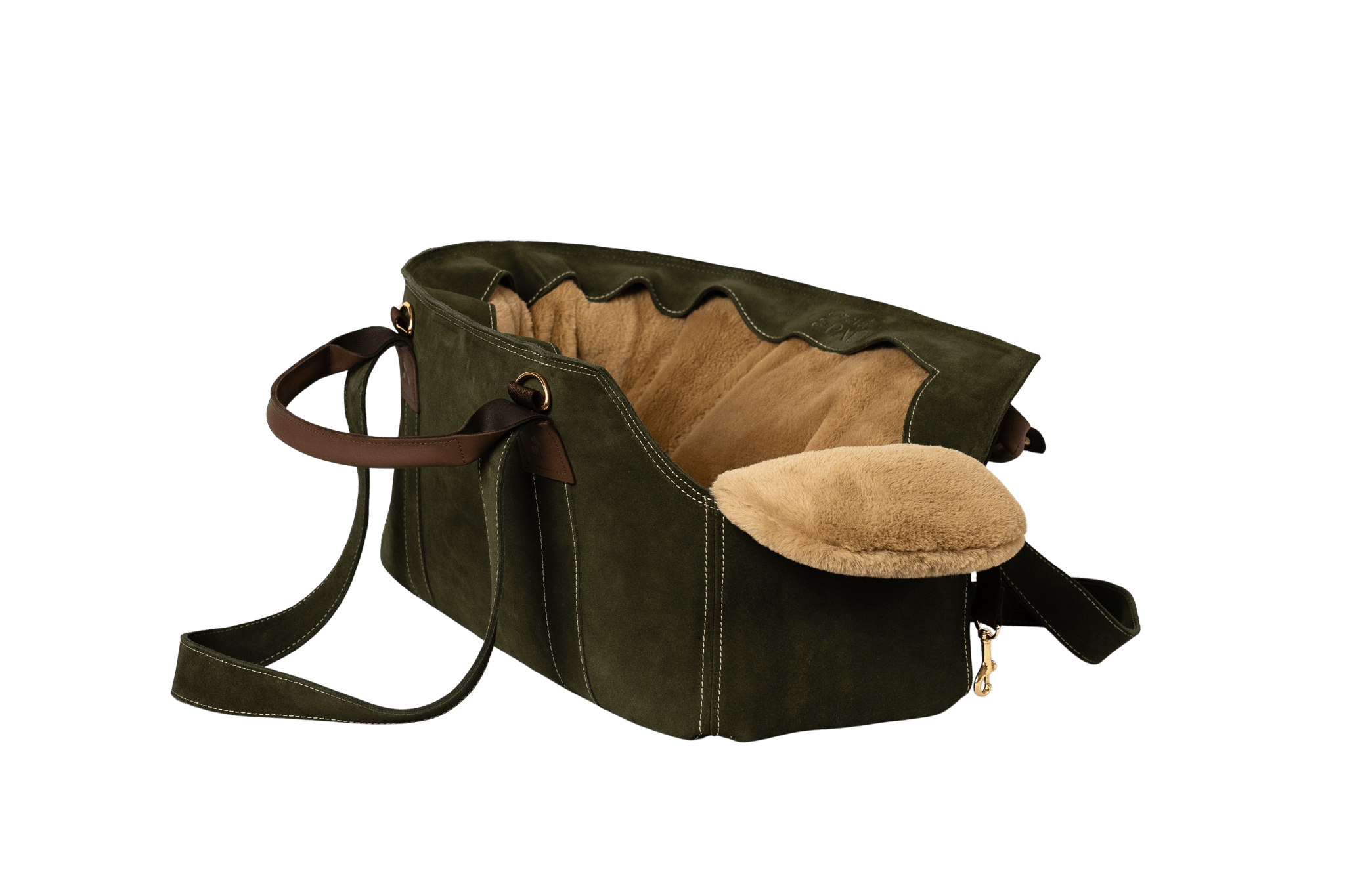 Gretas Luxus Wildleder-Hundetasche in Khaki mit beige-goldfarbenem Flausch-Inlay, hochwertige Tragetasche für Hunde bis 9 kg, Premium-Design für kleine bis mittelgroße Hunde