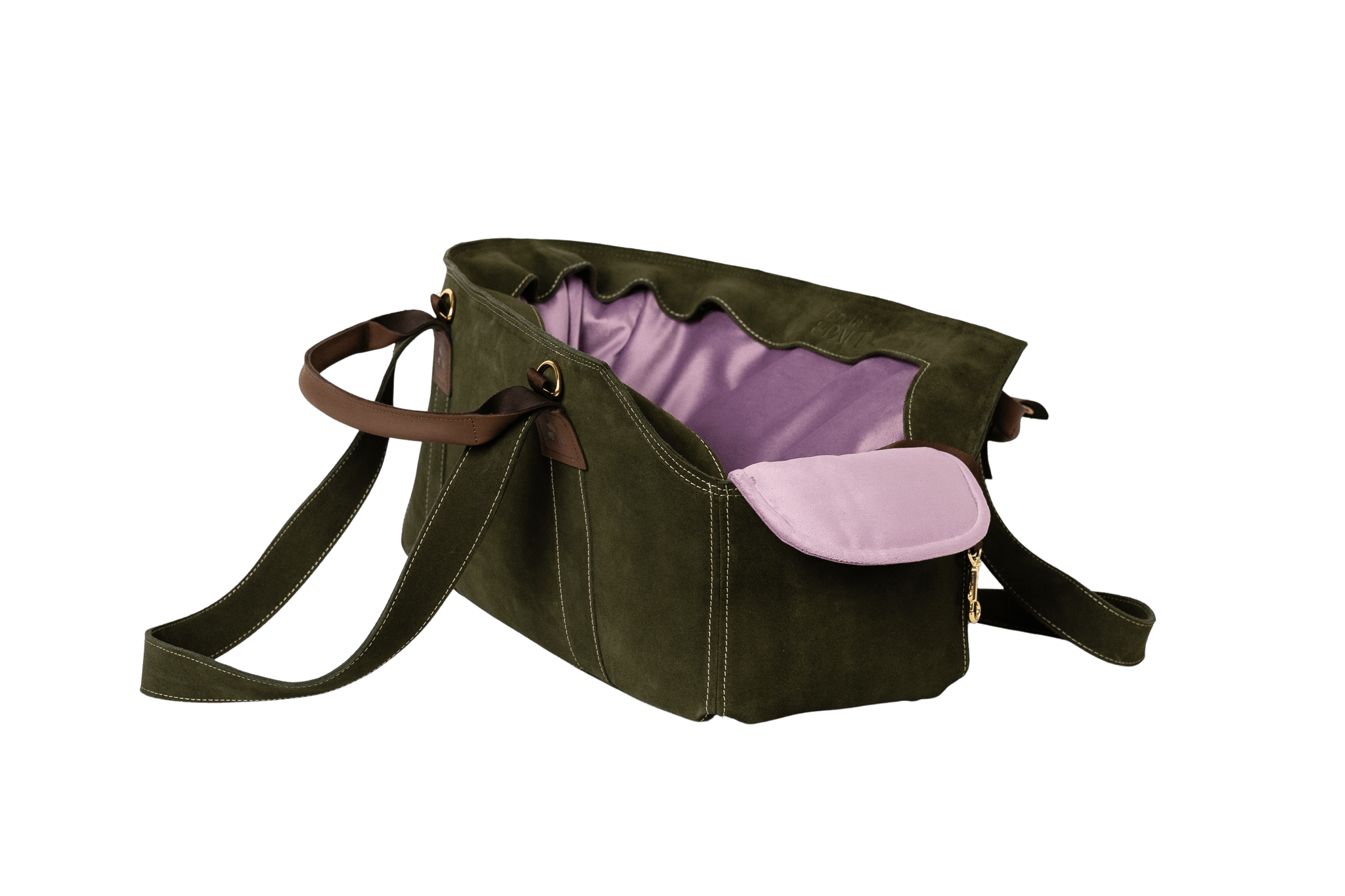Gretas Luxus Wildleder-Hundetasche in Khaki mit fliederfarbenem Samt-Inlay, hochwertige Tragetasche für Hunde bis 9 kg, Premium-Design für kleine bis mittelgroße Hunde