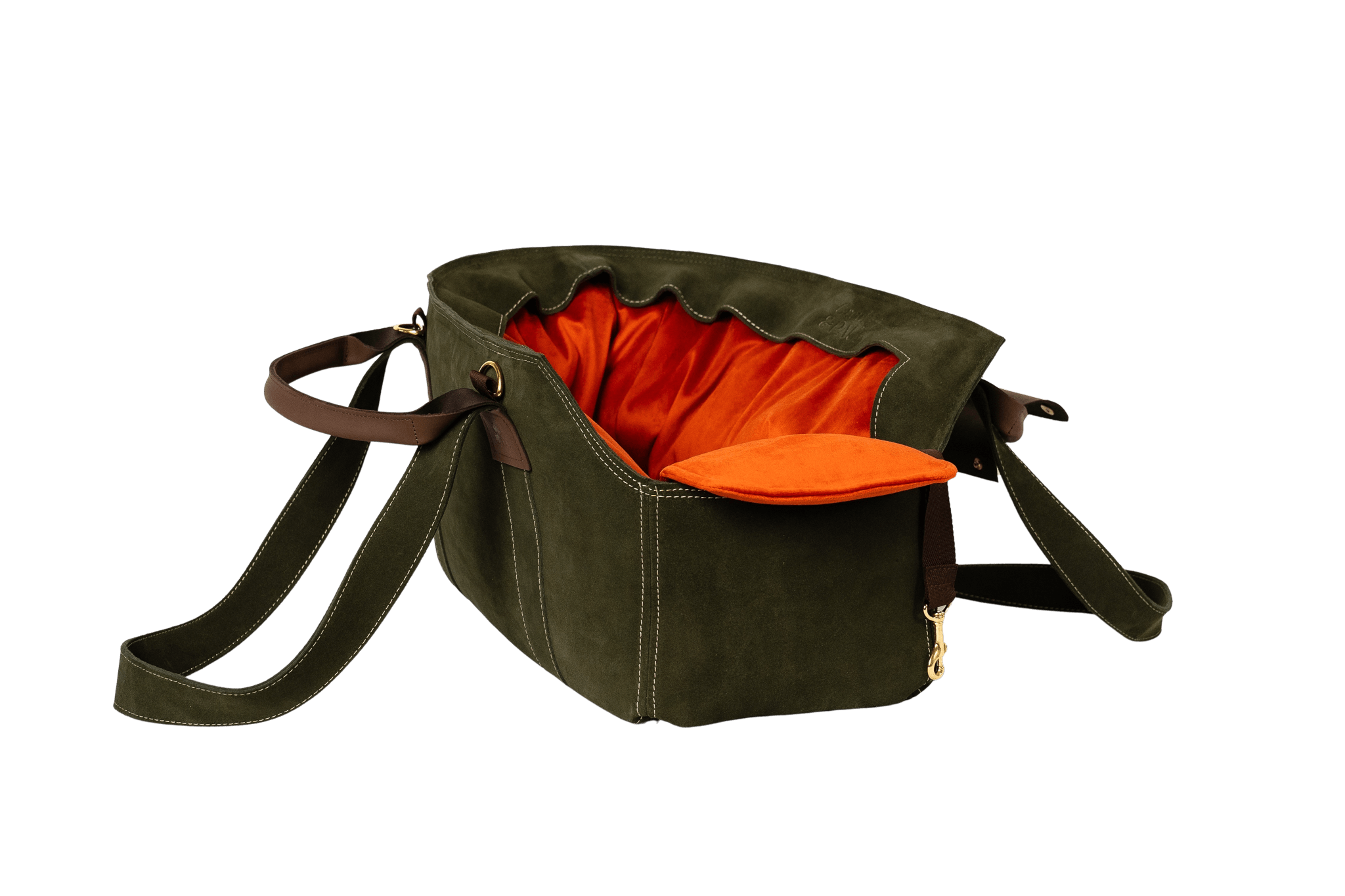 Gretas Luxus Wildleder-Hundetasche in Khaki mit orangefarbenem Samt-Inlay, hochwertige Tragetasche für Hunde bis 9 kg, Premium-Design für kleine bis mittelgroße Hunde