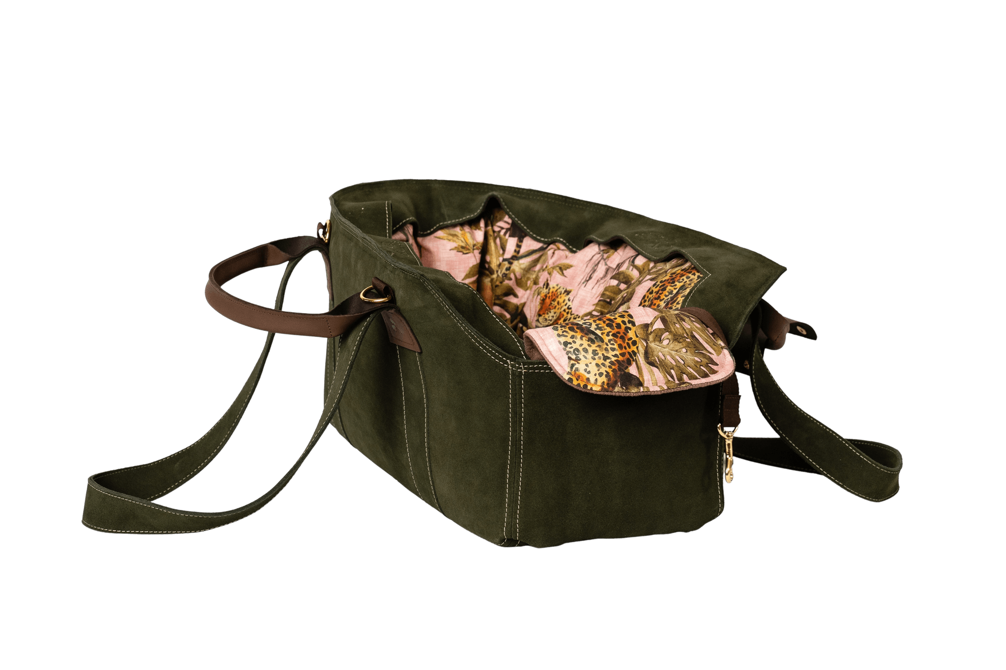 Gretas Luxus Wildleder-Hundetasche in Khaki mit Pink-Leo-Wende-Samt-Inlay, hochwertige Tragetasche für Hunde bis 9 kg, Premium-Design für kleine bis mittelgroße Hunde