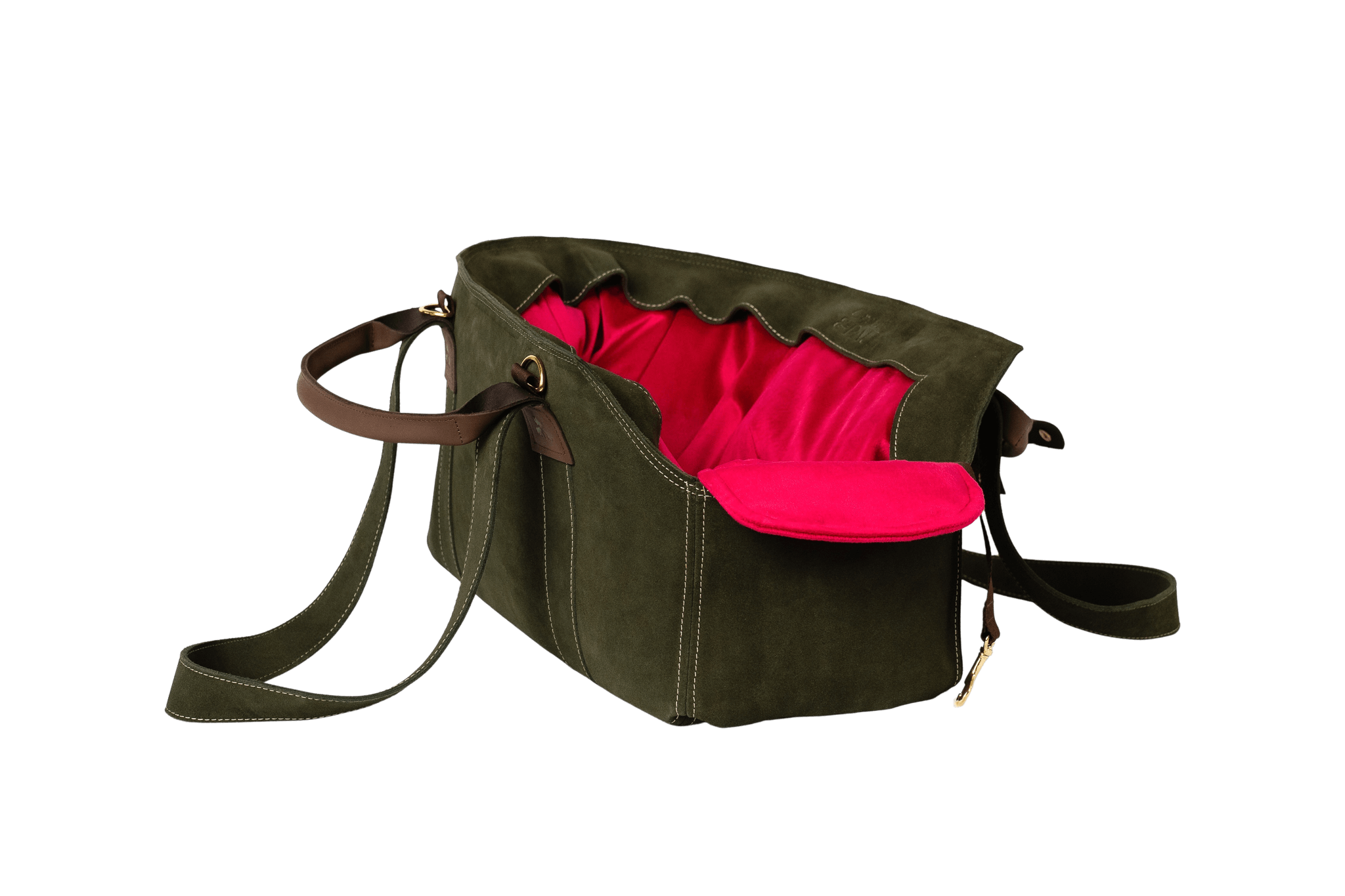 Gretas Luxus Wildleder-Hundetasche in Khaki mit pinkem Samt-Inlay, hochwertige Tragetasche für Hunde bis 9 kg, Premium-Design für kleine bis mittelgroße Hunde