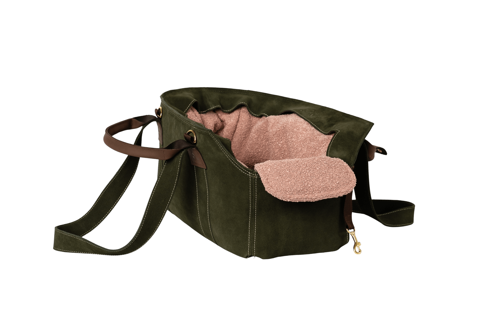 Gretas Luxus Wildleder-Hundetasche in Khaki mit rosafarbenem Boucle-Inlay, hochwertige Tragetasche für Hunde bis 9 kg, Premium-Design für kleine bis mittelgroße Hunde