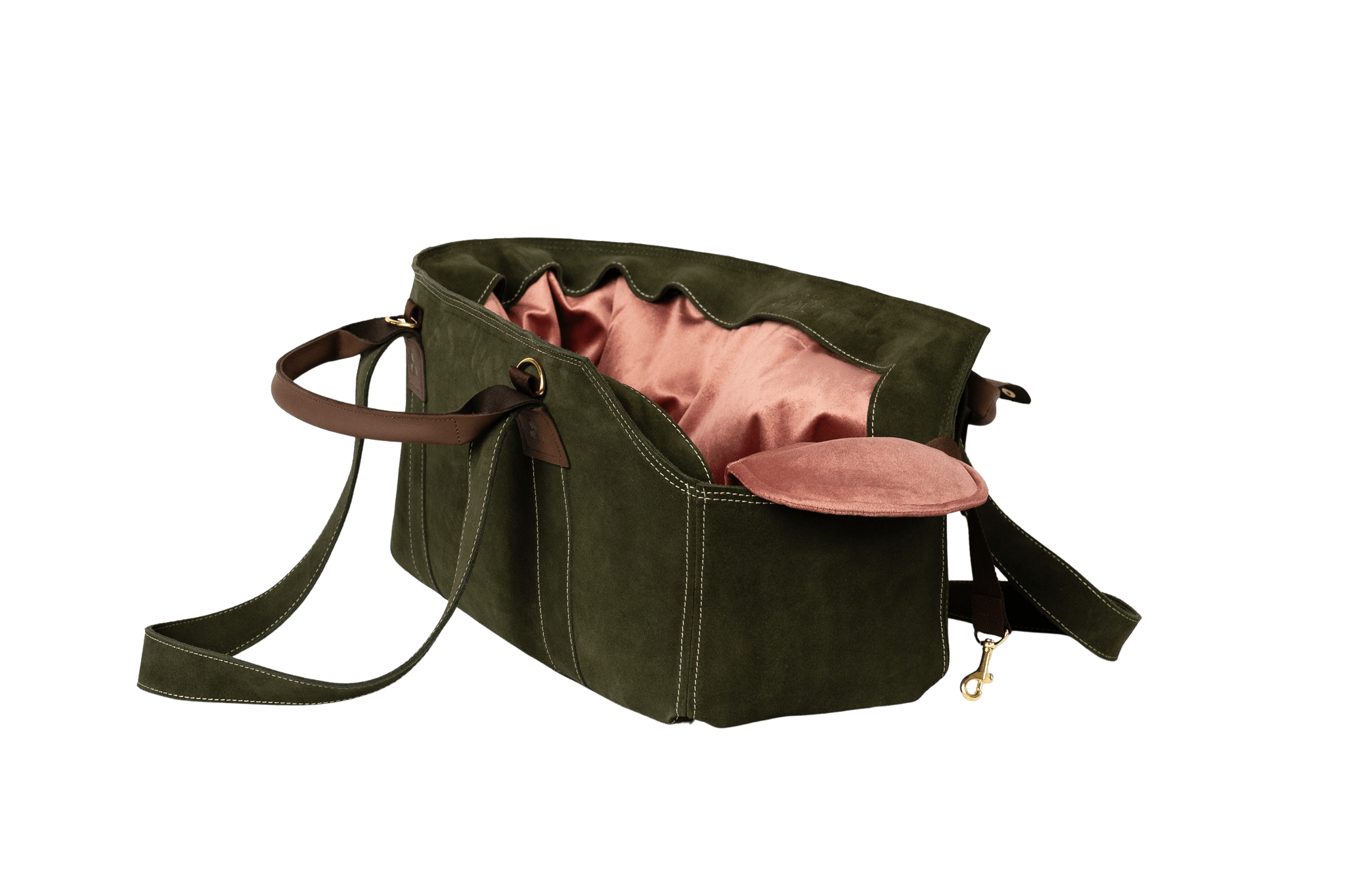 Gretas Luxus Wildleder-Hundetasche in Khaki mit rosafarbenem Samt-Inlay, hochwertige Tragetasche für Hunde bis 9 kg, Premium-Design für kleine bis mittelgroße Hunde