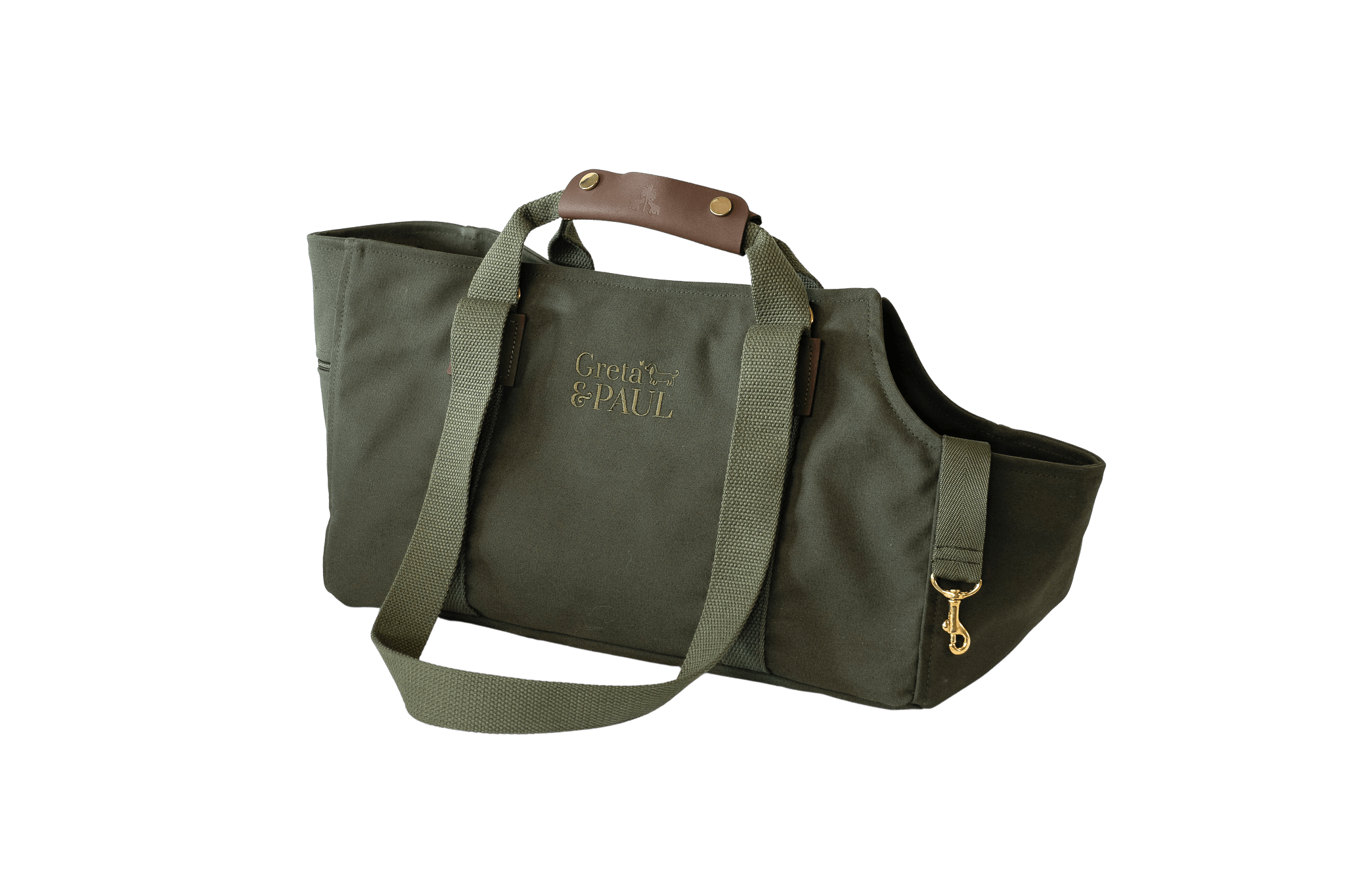 Gretas Premium Hundetasche in Khaki ohne Inlay, Trageansicht