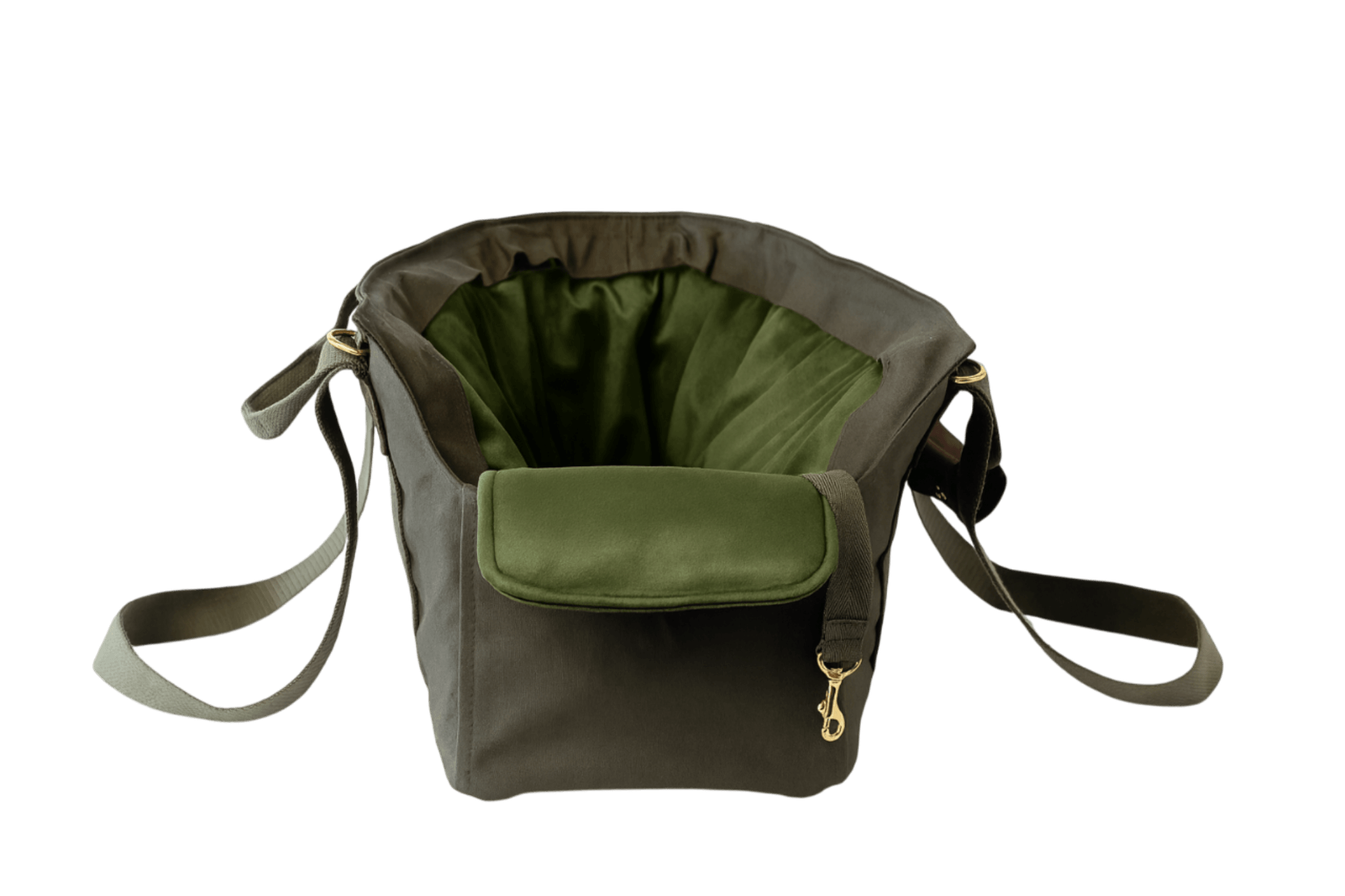Gretas Premium Hundetasche in Khaki mit olivgrünem Samt-Inlay, freigestellt in der Vorderansicht