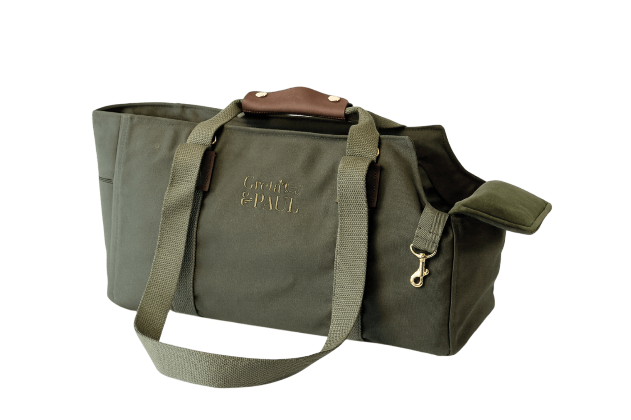 Gretas Premium Hundetasche in Khaki mit olivgrünem Leinen-Inlay, freigestellt in der Trageansicht