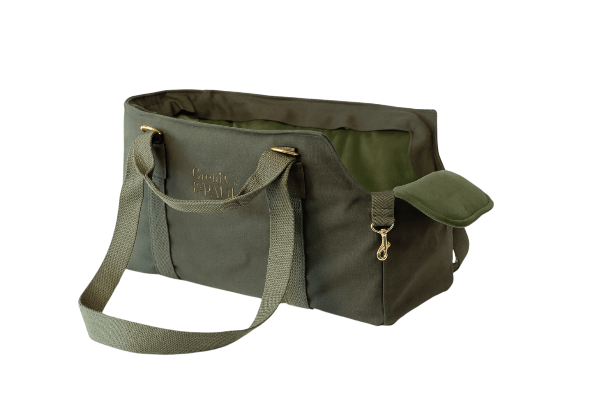 Gretas Premium Hundetasche in Khaki mit olivgrünem Samt-Inlay
