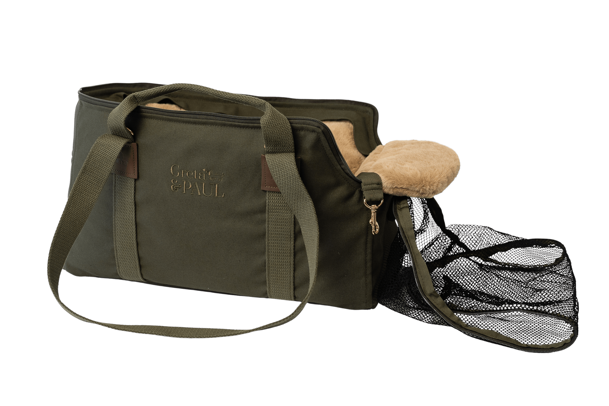 Gretas Premium Reise- und Transporttasche in Khaki mit beige-goldenem Flausch-Inlay, freigestellt, Ansicht mit offenem Netz – stilvoll und praktisch für den Transport von Hunden.