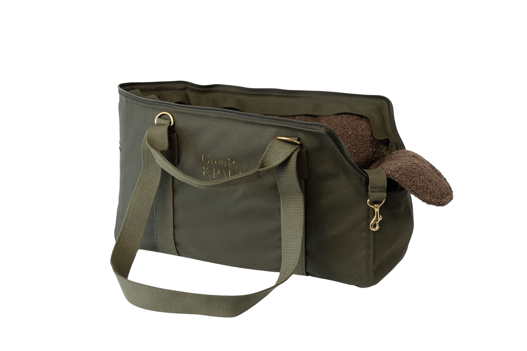 Gretas Premium Reise- und Transporttasche in Khaki mit braunfarbenem Boucle-Inlay, freigestellt, Ansicht mit verstautem Netz – stilvoll und praktisch für den Transport von Hunden.