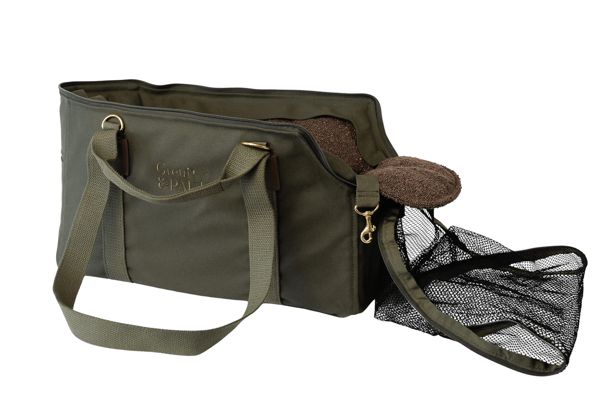 Gretas Premium Reise- und Transporttasche in Khaki mit braunfarbenem Boucle-Inlay, freigestellt, Ansicht mit offenem Netz – stilvoll und praktisch für den Transport von Hunden.