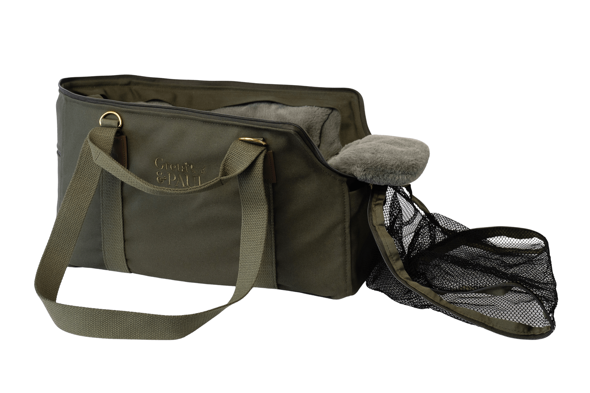 Gretas Premium Reise- und Transporttasche in Khaki mit grau-grün-silberfarbenem Flausch-Inlay, freigestellt, Ansicht mit offenem Netz – stilvoll und praktisch für den Transport von Hunden.