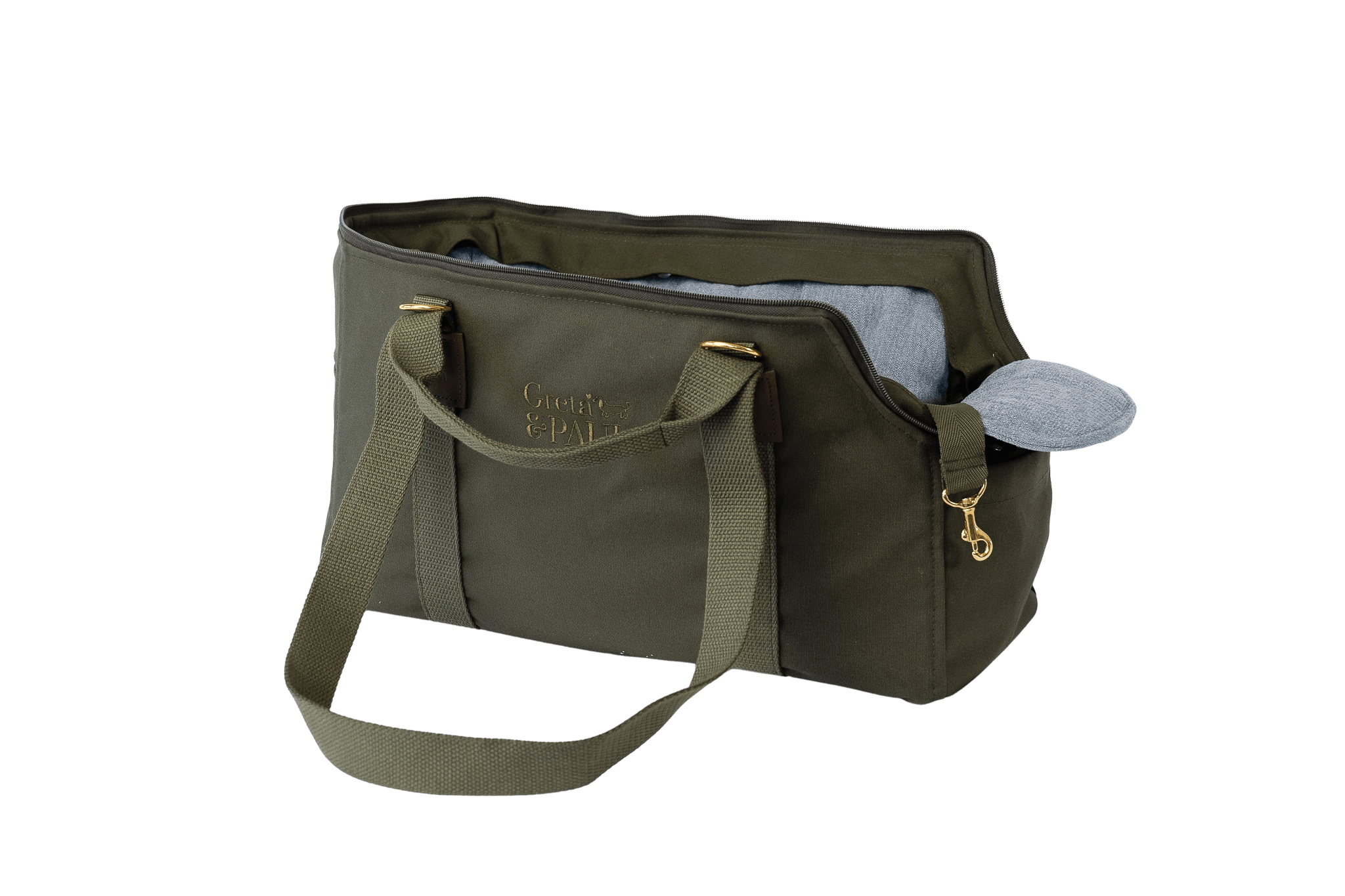 Gretas Premium Reise- und Transporttasche in Khaki mit hellblauem Leinen-Inlay, freigestellt, Ansicht mit verstautem Netz – stilvoll und praktisch für den Transport von Hunden.