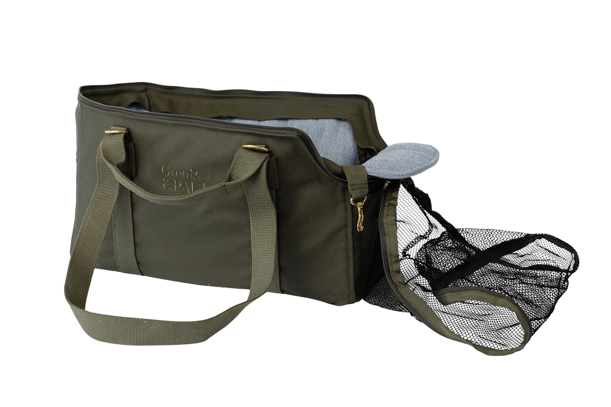 Gretas Premium Reise- und Transporttasche in Khaki mit hellblauem Leinen-Inlay, freigestellt, Ansicht mit offenem Netz – stilvoll und praktisch für den Transport von Hunden.