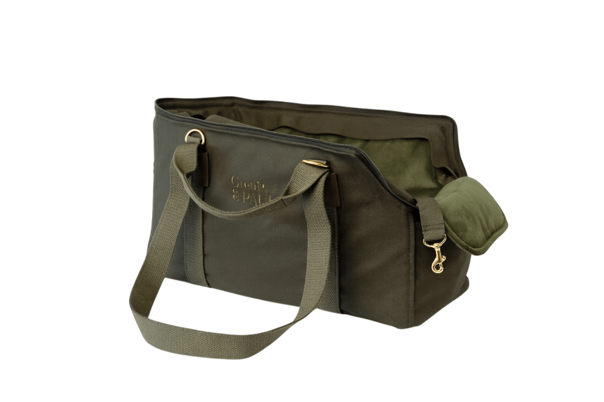 Gretas Premium Reise- und Transporttasche in Khaki mit olivgrünem Samt-Inlay, freigestellt, Ansicht mit verstautem Netz – stilvoll und praktisch für den Transport von Hunden.