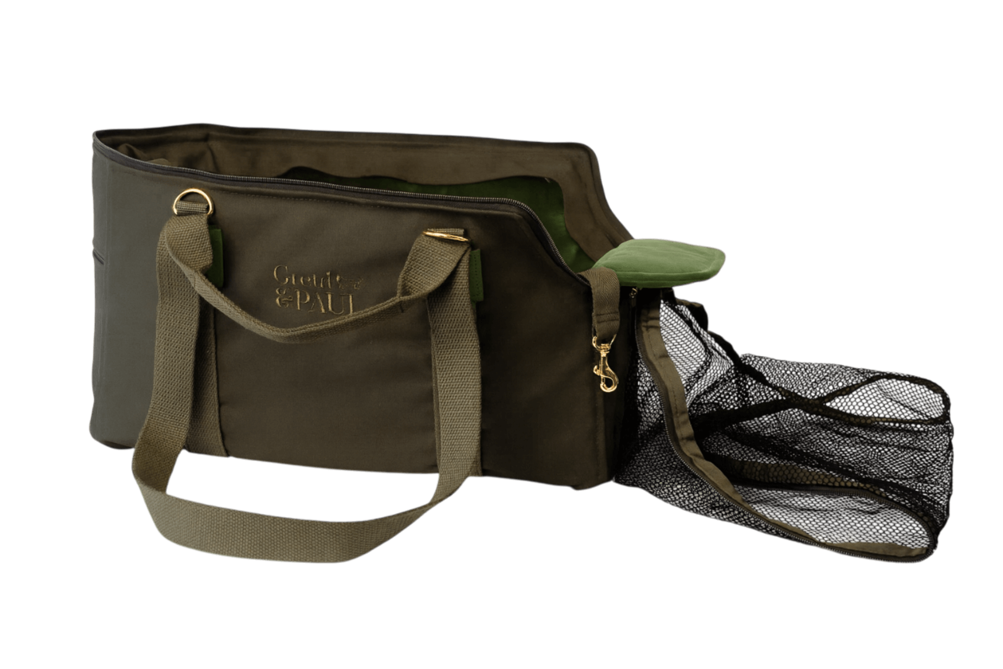 Gretas Premium Reise- und Transporttasche in Khaki mit olivgrünem Samt-Inlay, freigestellt, Ansicht mit offenem Netz – stilvoll und praktisch für den Transport von Hunden.