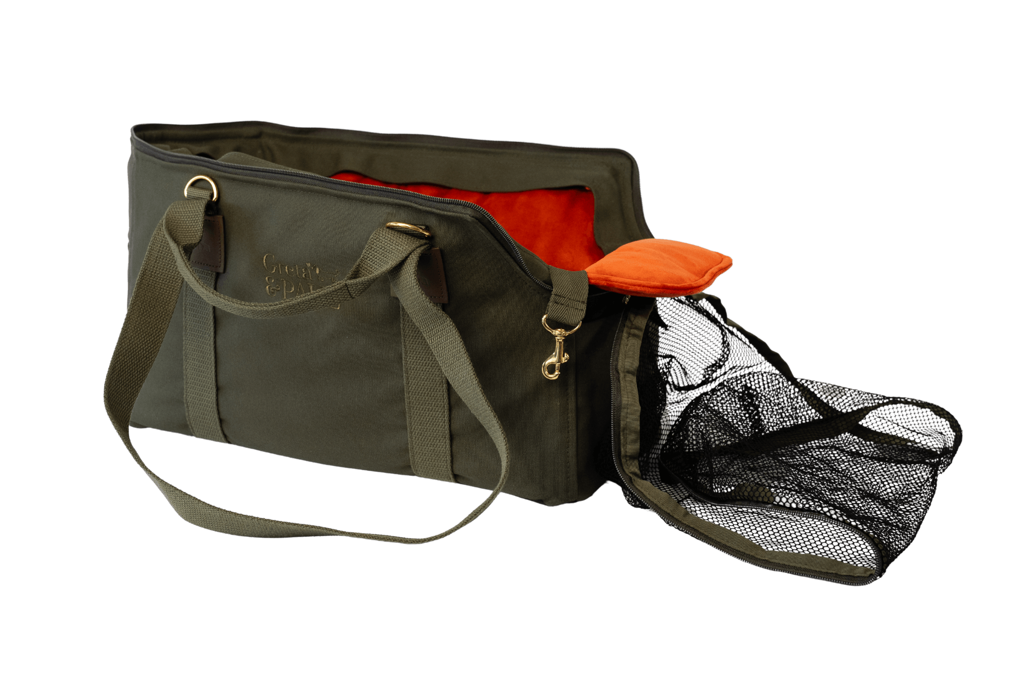 Gretas Premium Reise- und Transporttasche in Khaki mit orangefarbenem Samt-Inlay, freigestellt, Ansicht mit offenem Netz – stilvoll und praktisch für den Transport von Hunden.