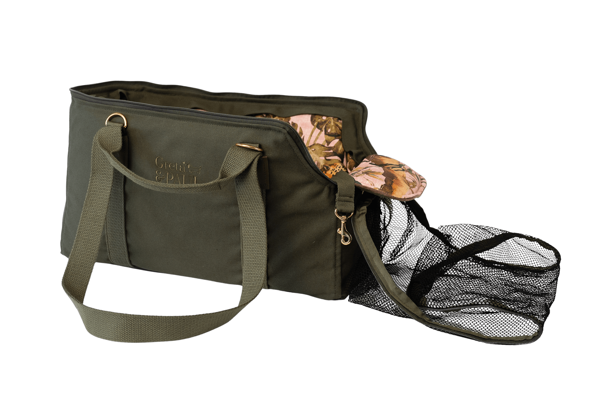 Gretas Premium Reise- und Transporttasche in Khaki mit Pink-Leo Samt-Inlay, freigestellt, Ansicht mit offenem Netz – stilvoll und praktisch für den Transport von Hunden.