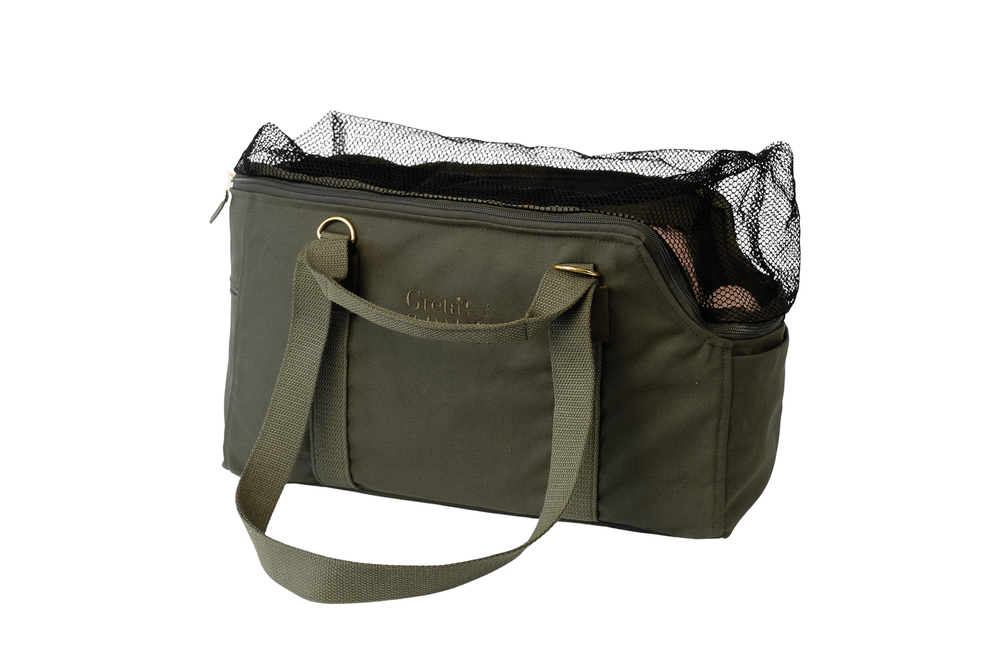 Gretas Premium Reise- und Transporttasche in Khaki mit rosafarbenem Boucle-Inlay, freigestellt, Ansicht mit geschlossenem Netz.