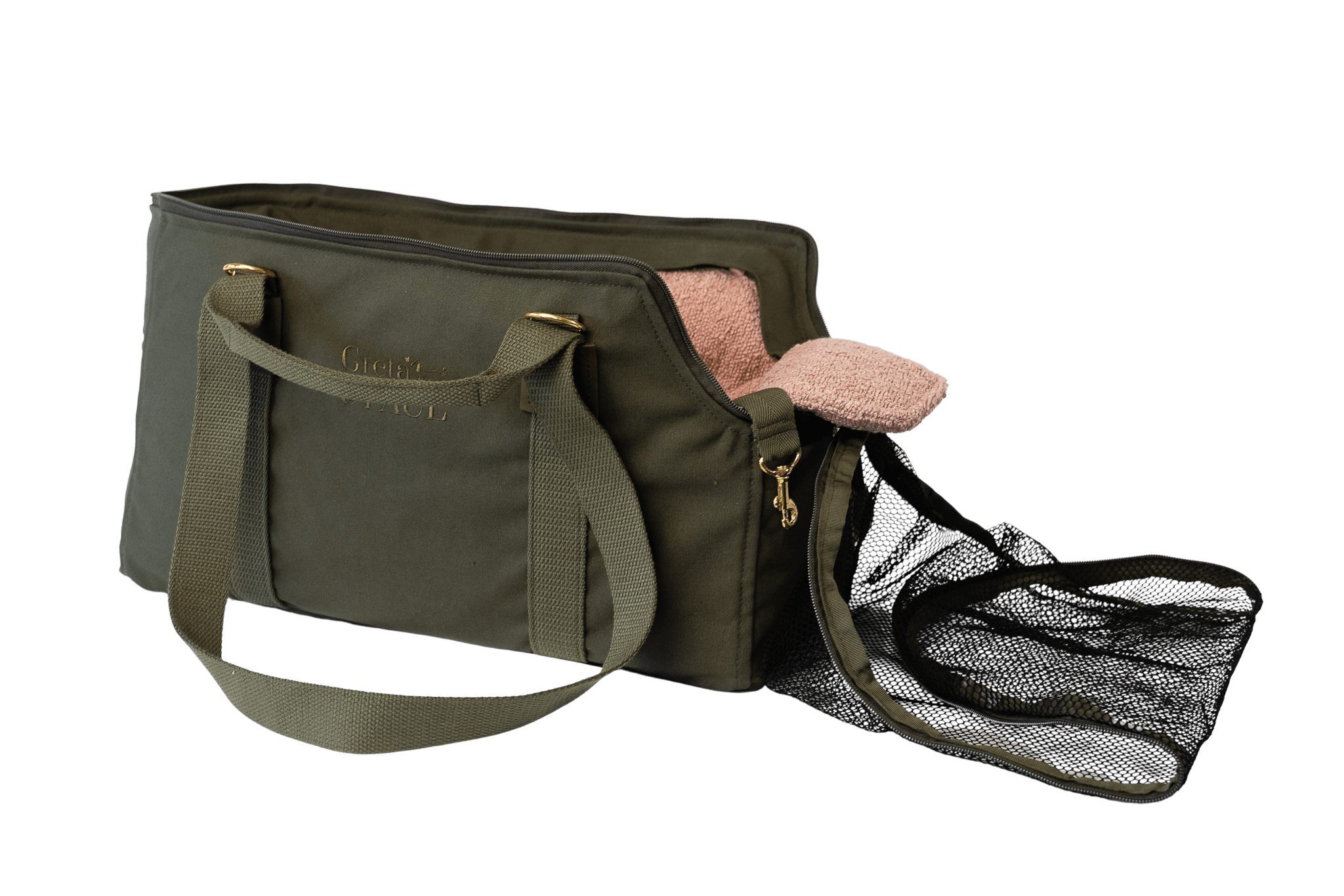 Gretas Premium Reise- und Transporttasche in Khaki mit rosafarbenem Boucle-Inlay, freigestellt, Ansicht mit offenem Netz – stilvoll und praktisch für den Transport von Hunden.