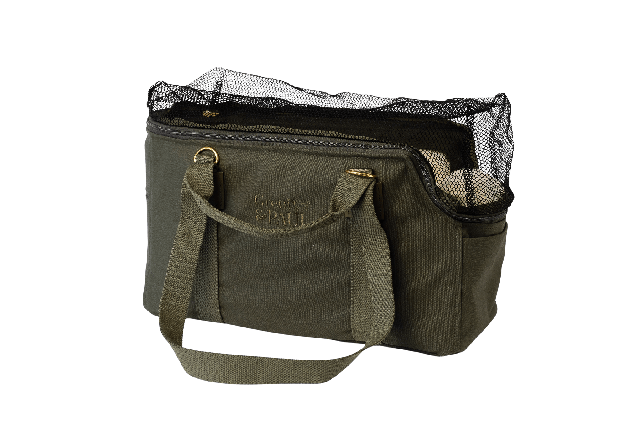 Gretas Premium Reise- und Transporttasche in Khaki mit Teddyfell Flausch-Inlay, freigestellt, Ansicht mit geschlossenem Netz.