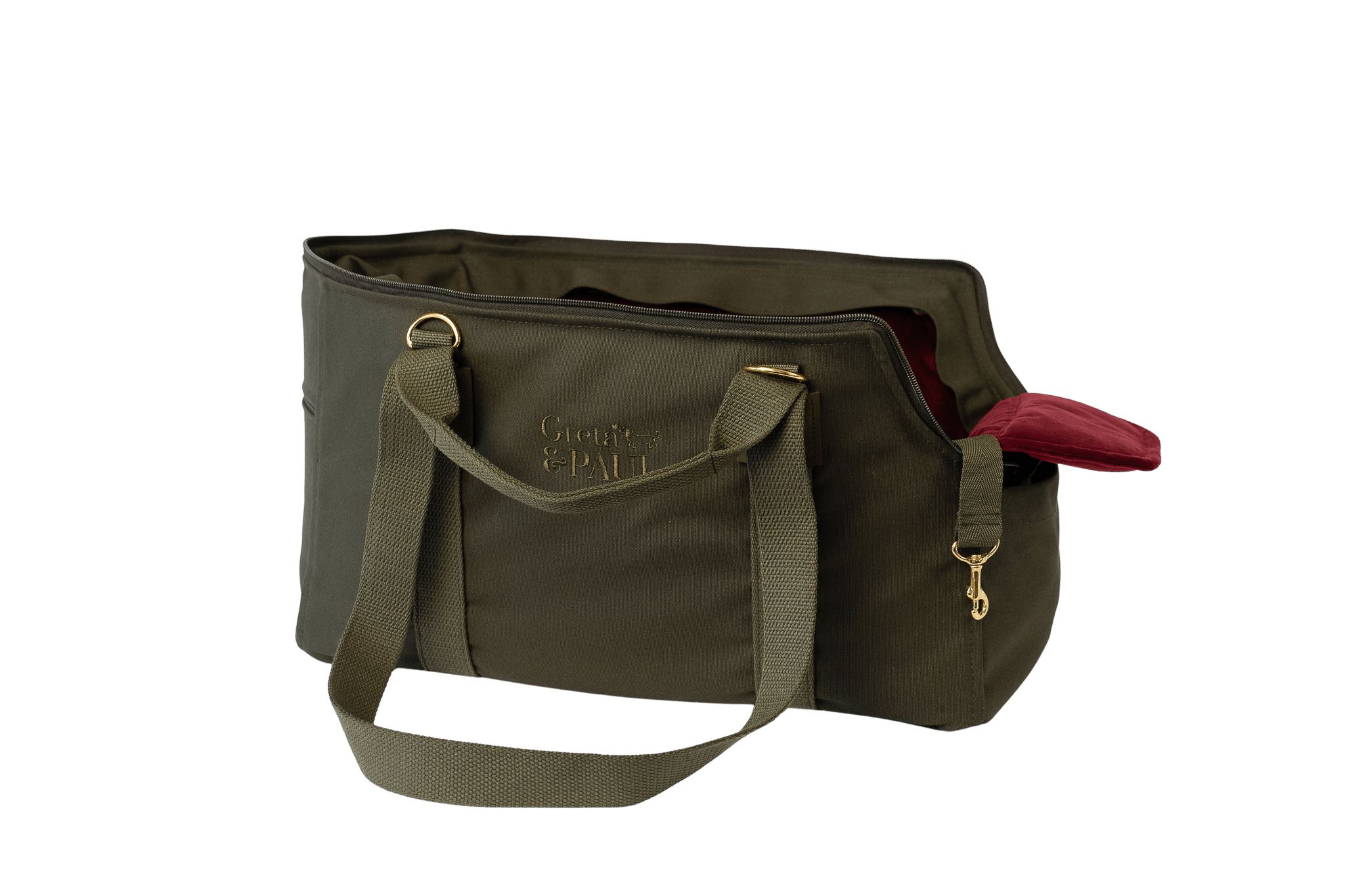 Gretas Premium Reise- und Transporttasche in Khaki mit very-berryfarbenem Samt-Inlay, freigestellt, Ansicht mit verstautem Netz – stilvoll und praktisch für den Transport von Hunden.