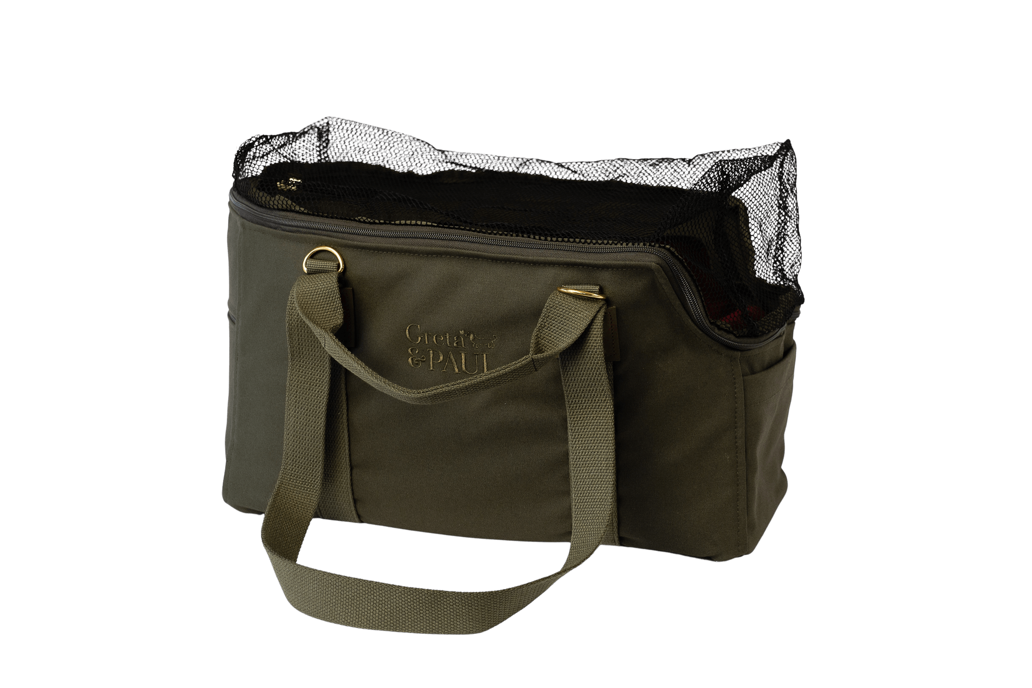 Gretas Premium Reise- und Transporttasche in Khaki mit very-berryfarbenem Samt-Inlay, freigestellt, Ansicht mit geschlossenem Netz.