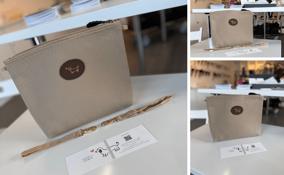 Bildcollage des Greta's Secret Täschchens in Cappuccino-Beige, das die Details wie das Lederlogo und die Trageschlaufen zeigt.