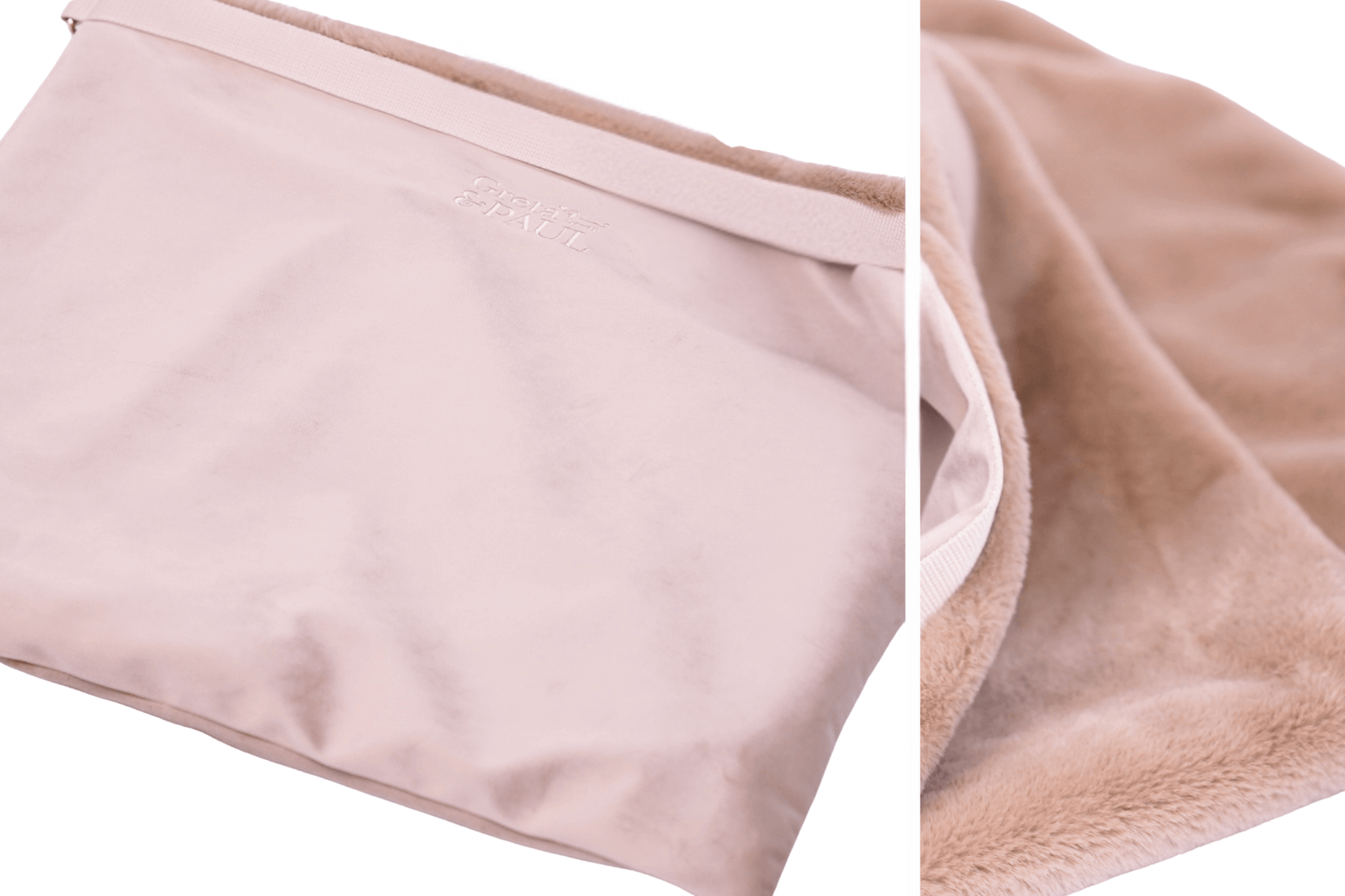 Collage des Greta's XL Flausch-Wende-Säckchens in Beige-Gold, die beide Seiten des wendbaren Stoffes zeigt.