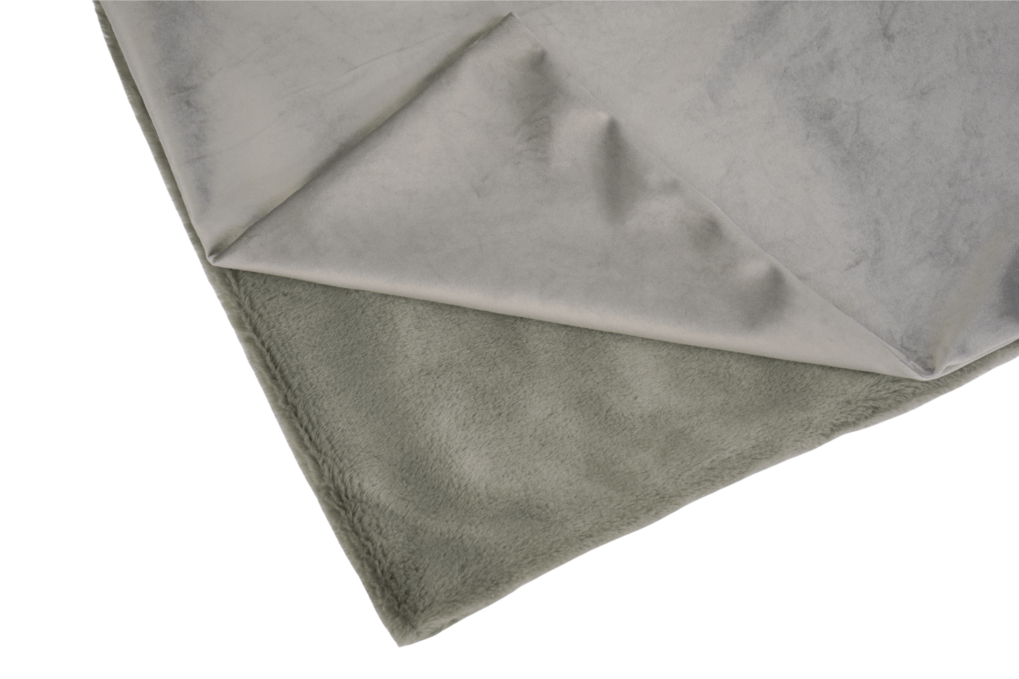 Greta's XL Flausch-Wende-Säckchen in Grau-Grün-Silber, zeigt beide Seiten des wendbaren Stoffes