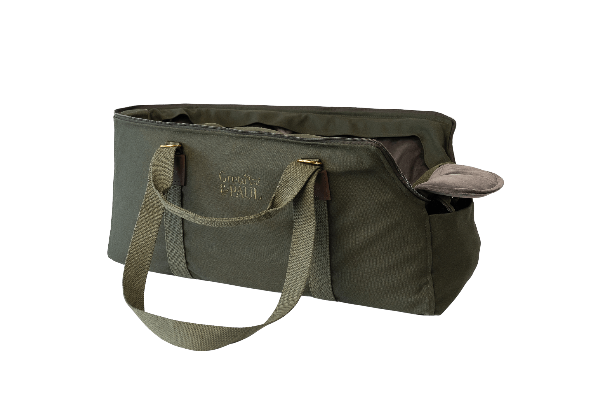 Greta's XL Hundetasche in Khaki mit anthrazitfarbenem Samt-Inlay und verstautem Netz