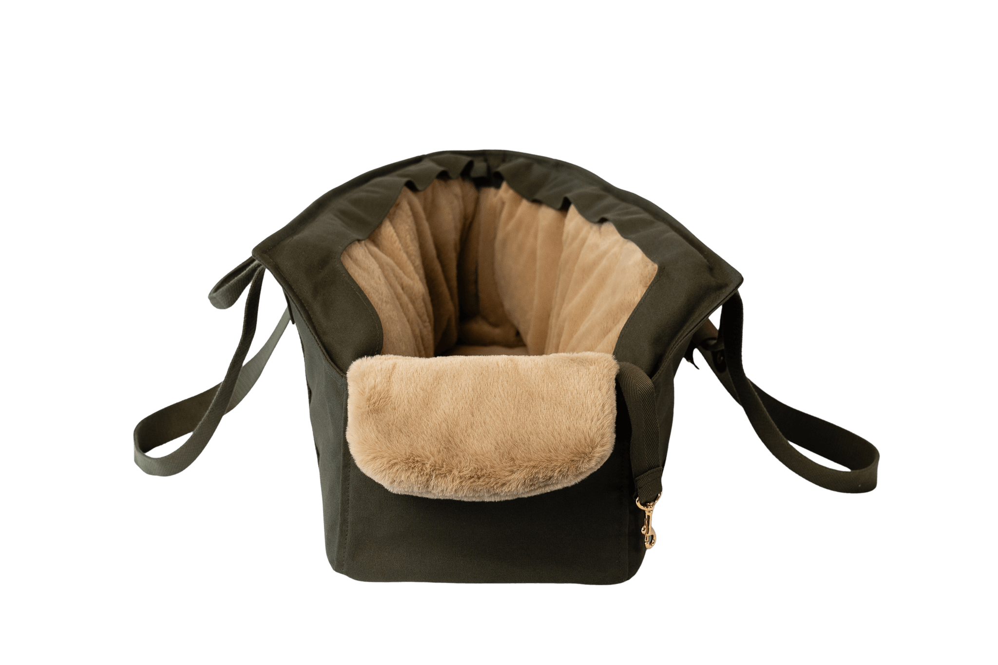 Greta XL Hundetasche in Khaki mit beige-gold Flausch-Inlay, gezeigt in Vorderansicht.