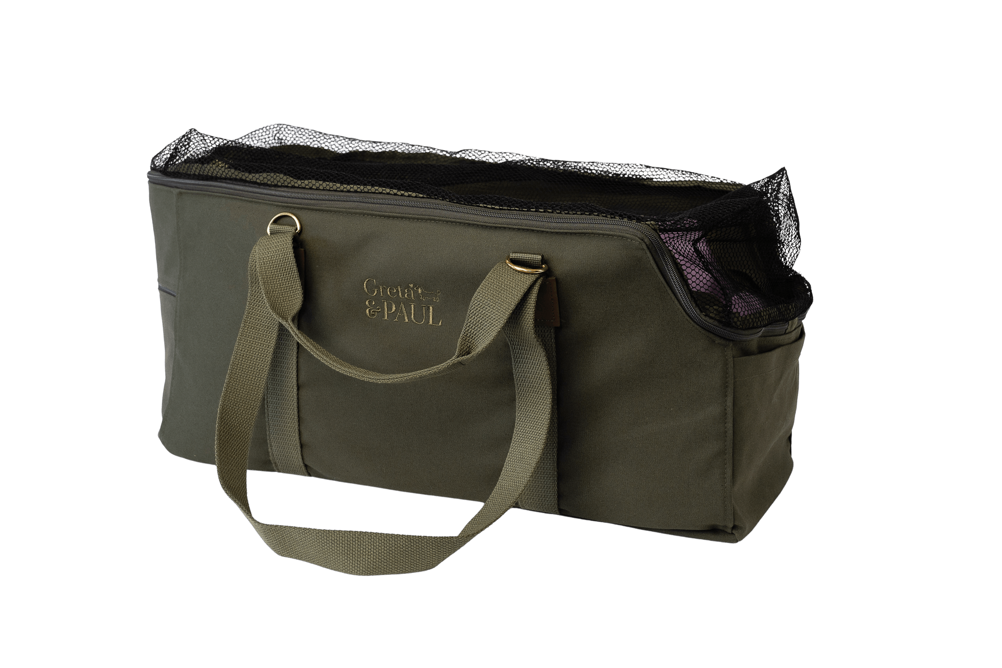 Greta's XL Hundetasche in Khaki mit fliederfarbenem Leinen-Inlay und geschlossenem Netz