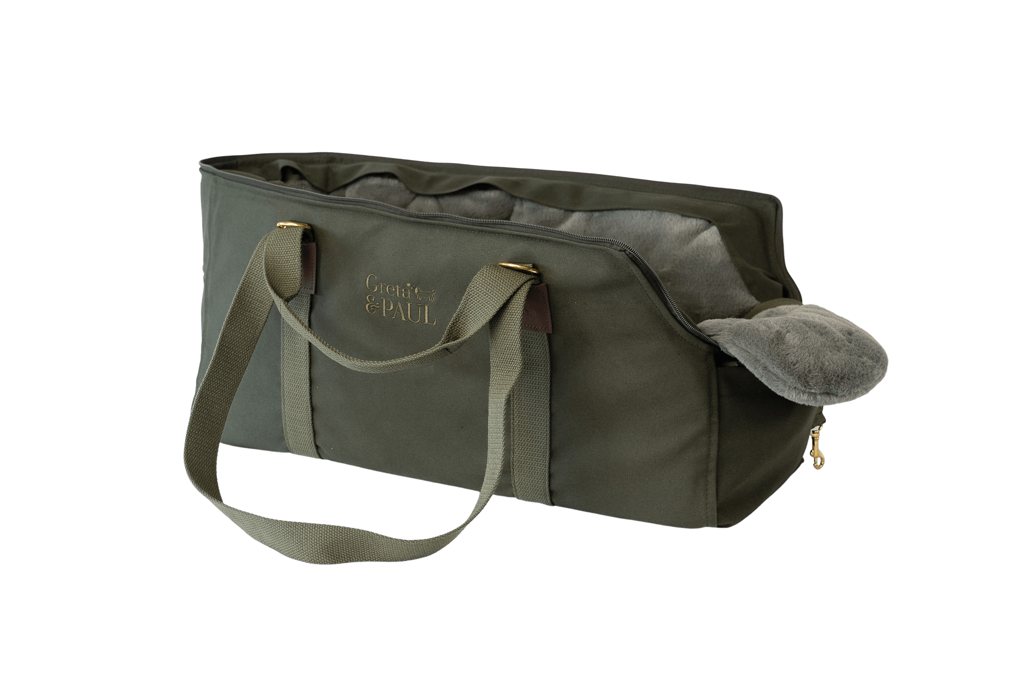 Greta's XL Hundetasche in Khaki mit grau-grün-silberfarbenem Flausch-Inlay und verstautem Netz