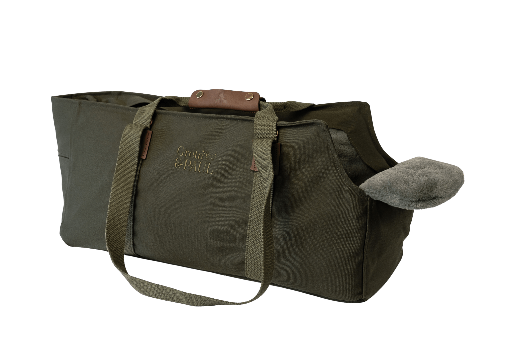 Greta XL Hundetasche in Khaki mit grau-grün-silberfarbenem Flausch-Inlay, gezeigt in Trageansicht.