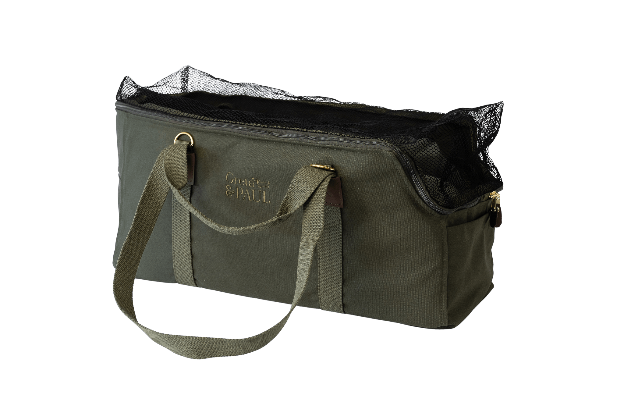 Greta's XL Hundetasche in Khaki mit grau-grün-silbernem Flausch-Inlay und geschlossenem Netz