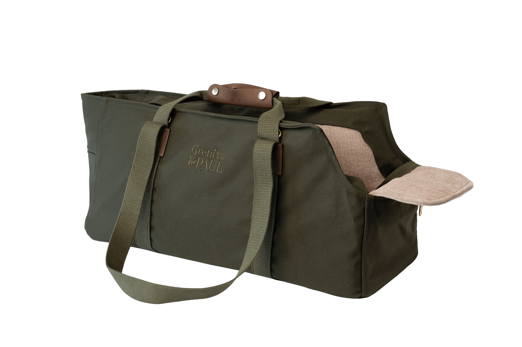 Gretas Premium XL Hundetasche in Khaki mit hellbeigefarbenem Leinen-Inlay, in Trageansicht