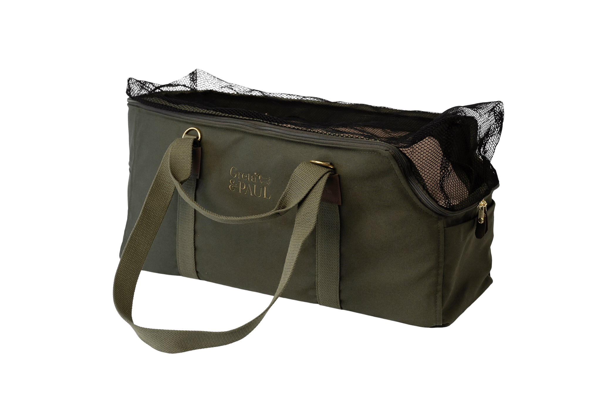 Greta's XL Hundetasche in Khaki mit hellbeigefarbenem Leinen-Inlay und geschlossenem Netz