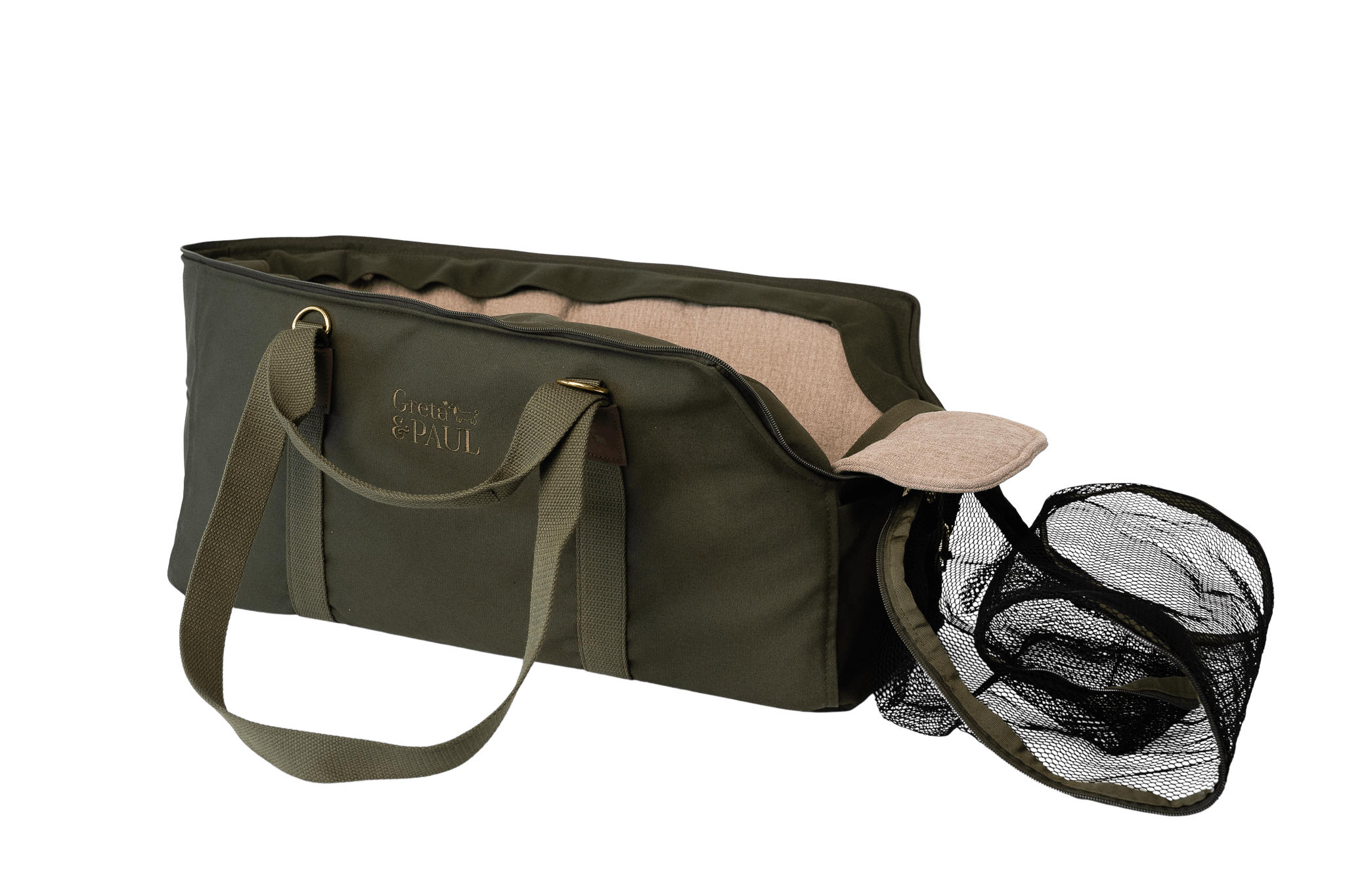 Greta's XL Hundetasche in Khaki mit hellbeigefarbenem Leinen-Inlay und offenem Netz