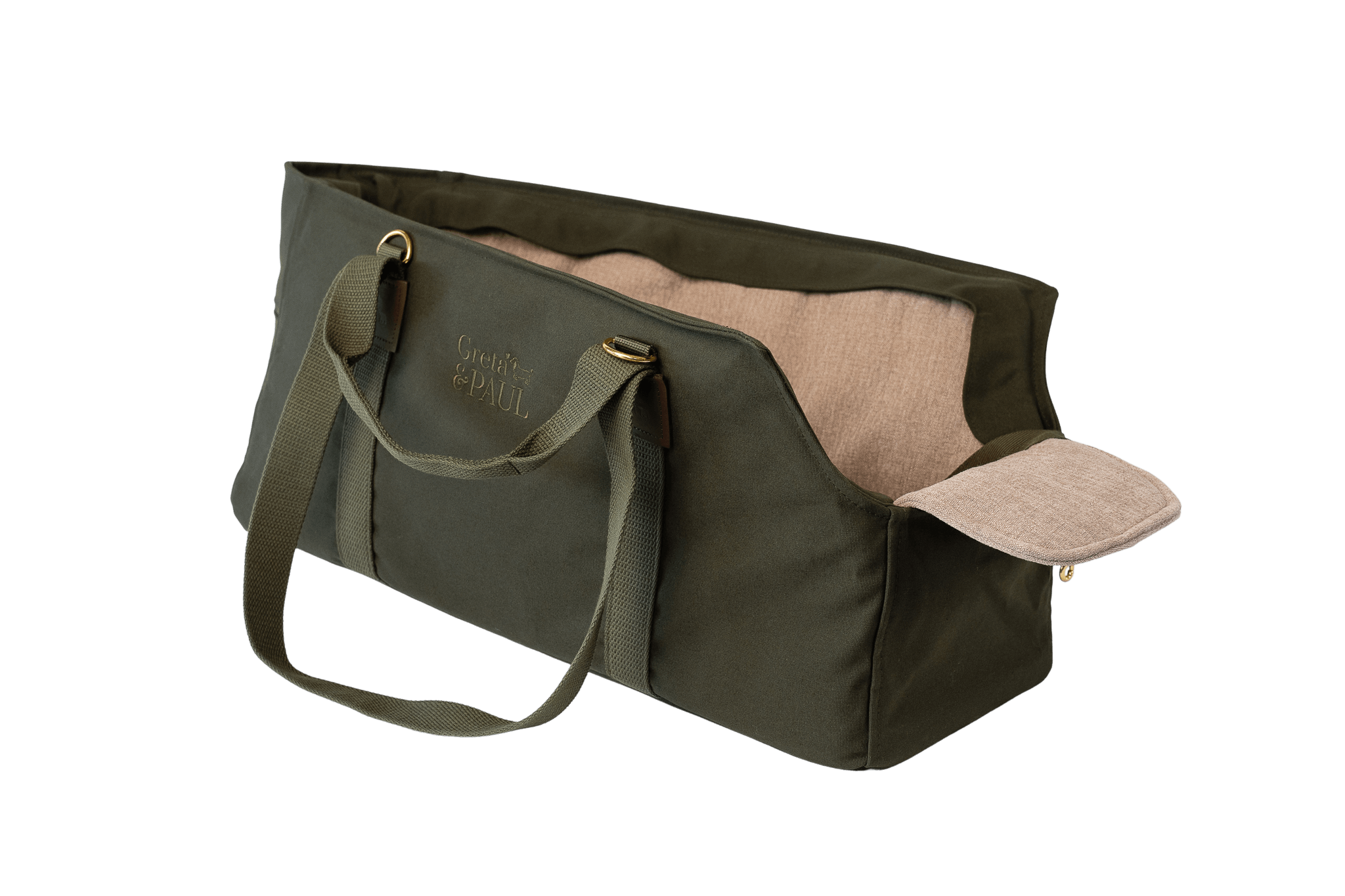 Gretas Premium XL Hundetasche in Khaki mit hellbeigefarbenem Leinen-Inlay