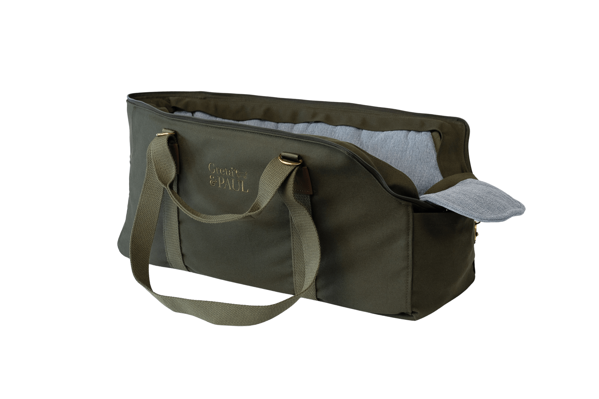 Greta's XL Hundetasche in Khaki mit hellblauem Leinen-Inlay und verstautem Netz