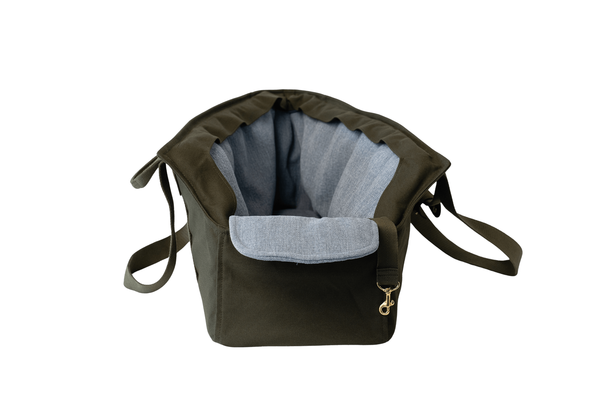 Greta XL Hundetasche in Khaki mit hellblauem Leinen-Inlay, gezeigt in Vorderansicht.