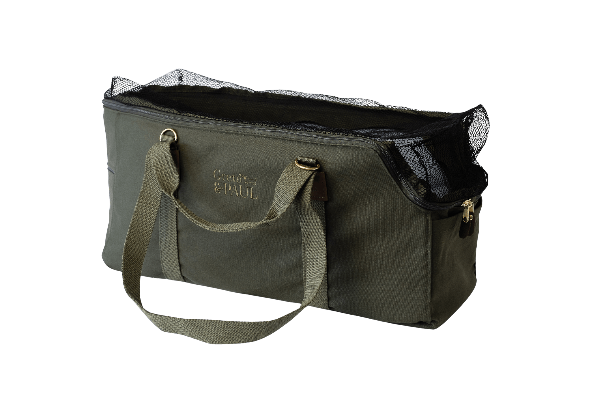 Greta's XL Hundetasche in Khaki mit hellblauem Leinen-Inlay und geschlossenem Netz