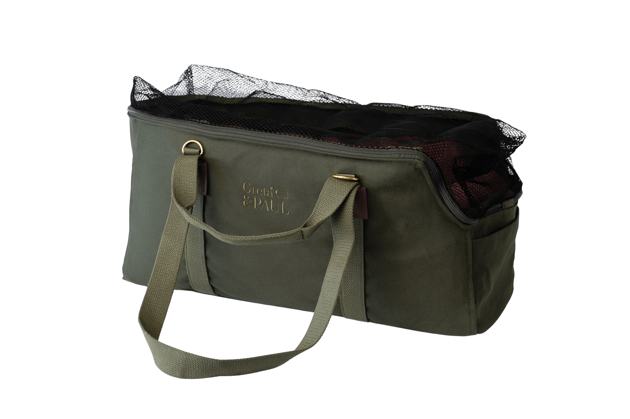 Greta's XL Hundetasche in Khaki mit lilafarbenem Leinen-Inlay und geschlossenem Netz