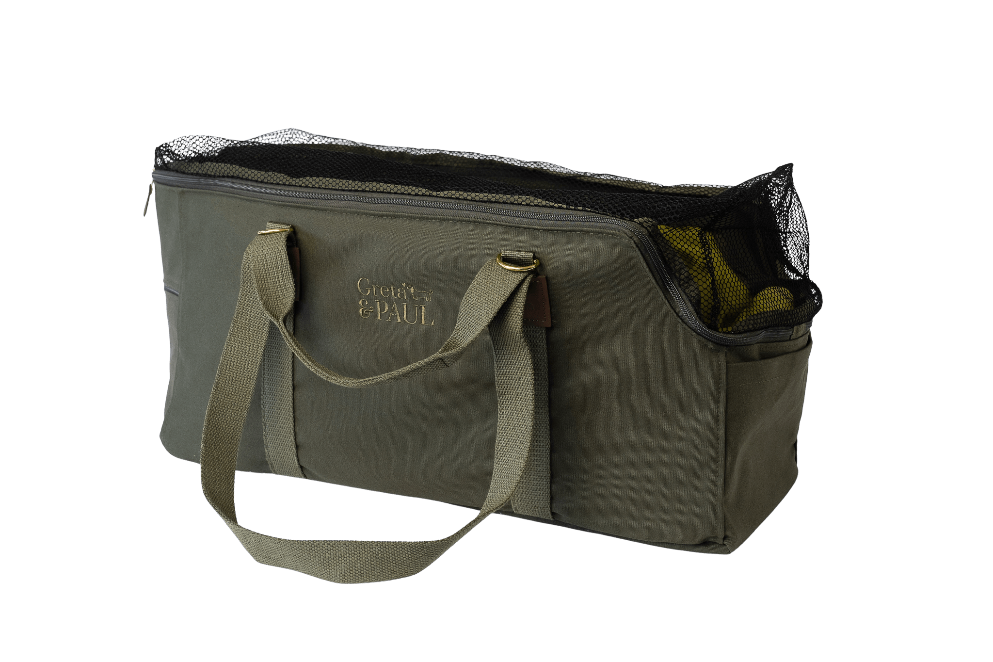 Greta's XL Hundetasche in Khaki mit olivgrünem Samt-Inlay und geschlossenem Netz