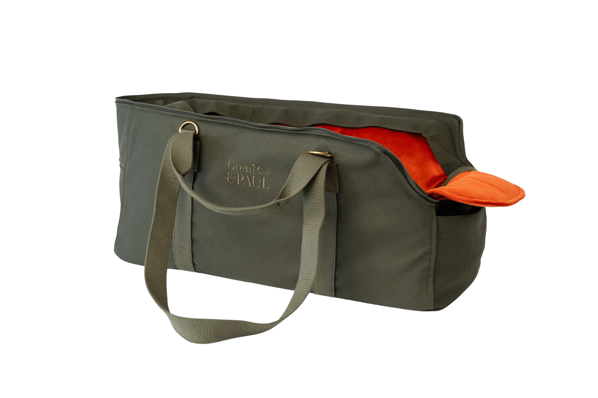 Greta's XL Hundetasche in Khaki mit orangefarbenem Samt-Inlay und verstautem Netz