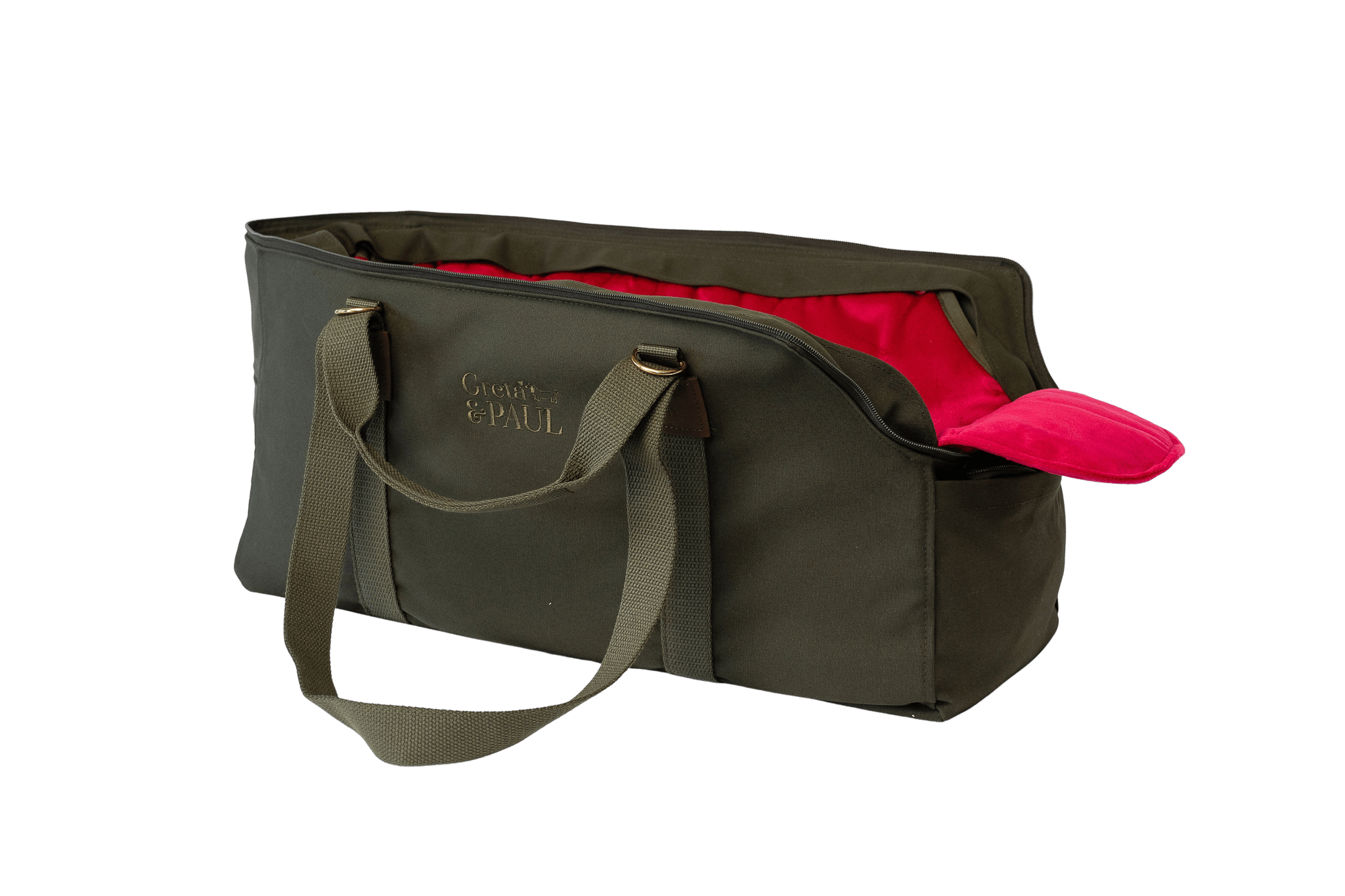 Greta's XL Hundetasche in Khaki mit pinkem Samt-Inlay und verstautem Netz